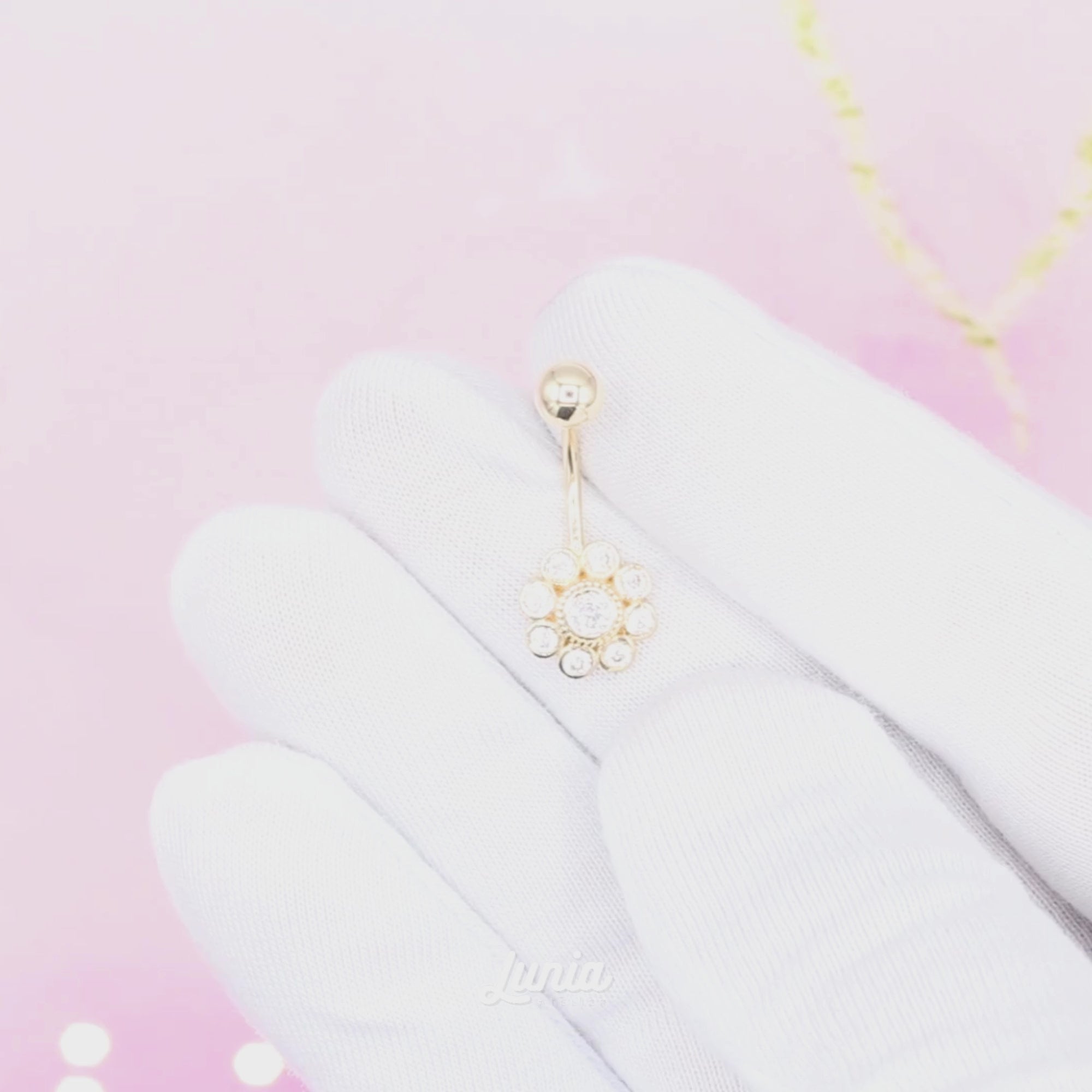 Daisy Navel Belly Ring 14K Gold with CZ Stone