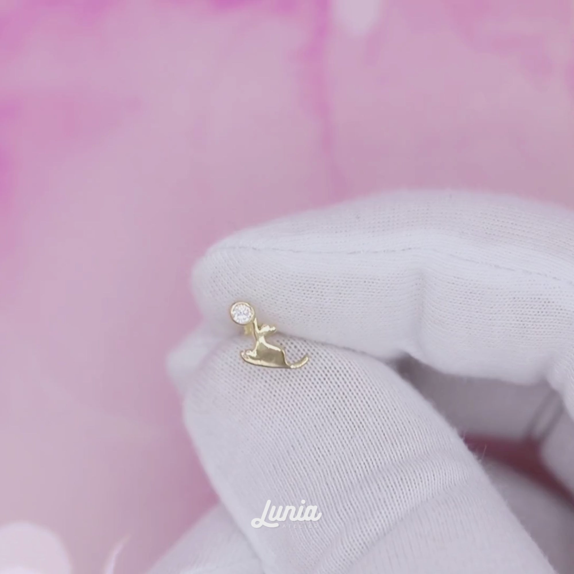 Cat Playing With Wall Flatback Ear Piercing 14K Gold with CZ Stone