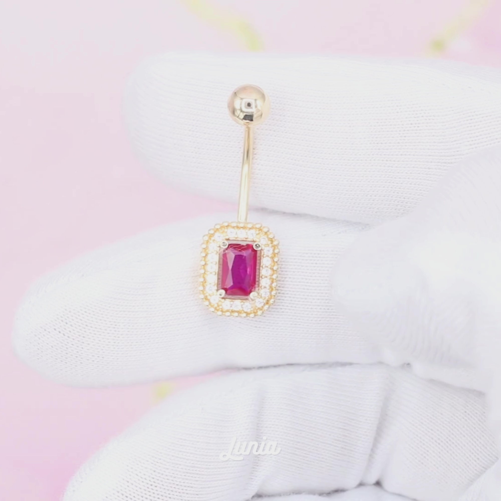 Rectangle Pink Navel Belly Ring 14K Gold with CZ Stone