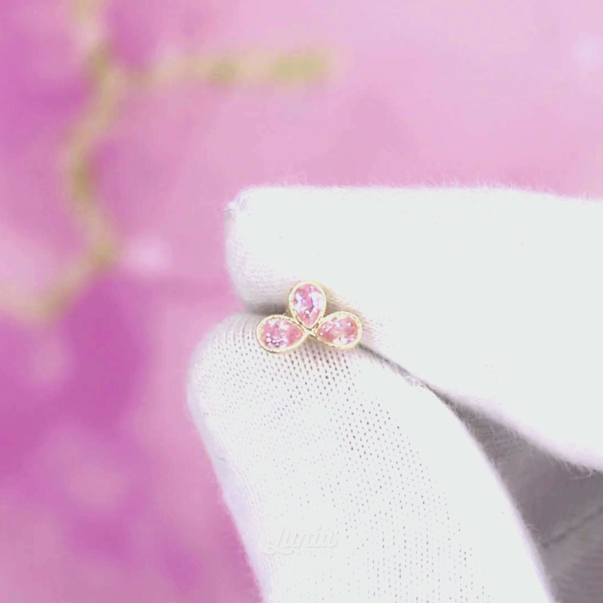 Twinkling Pink Triple Flatback Ear Piercing 14K Gold with CZ Stone