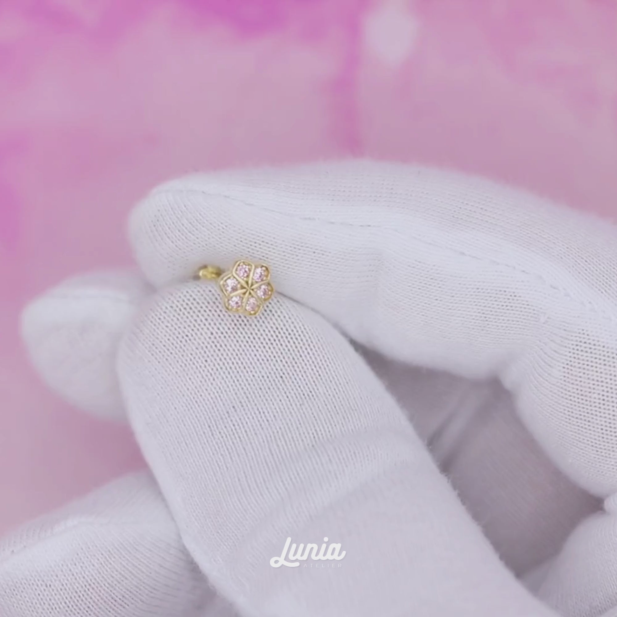 14K Gold Flatback Ear Piercing with Pink Flower and CZ Stone