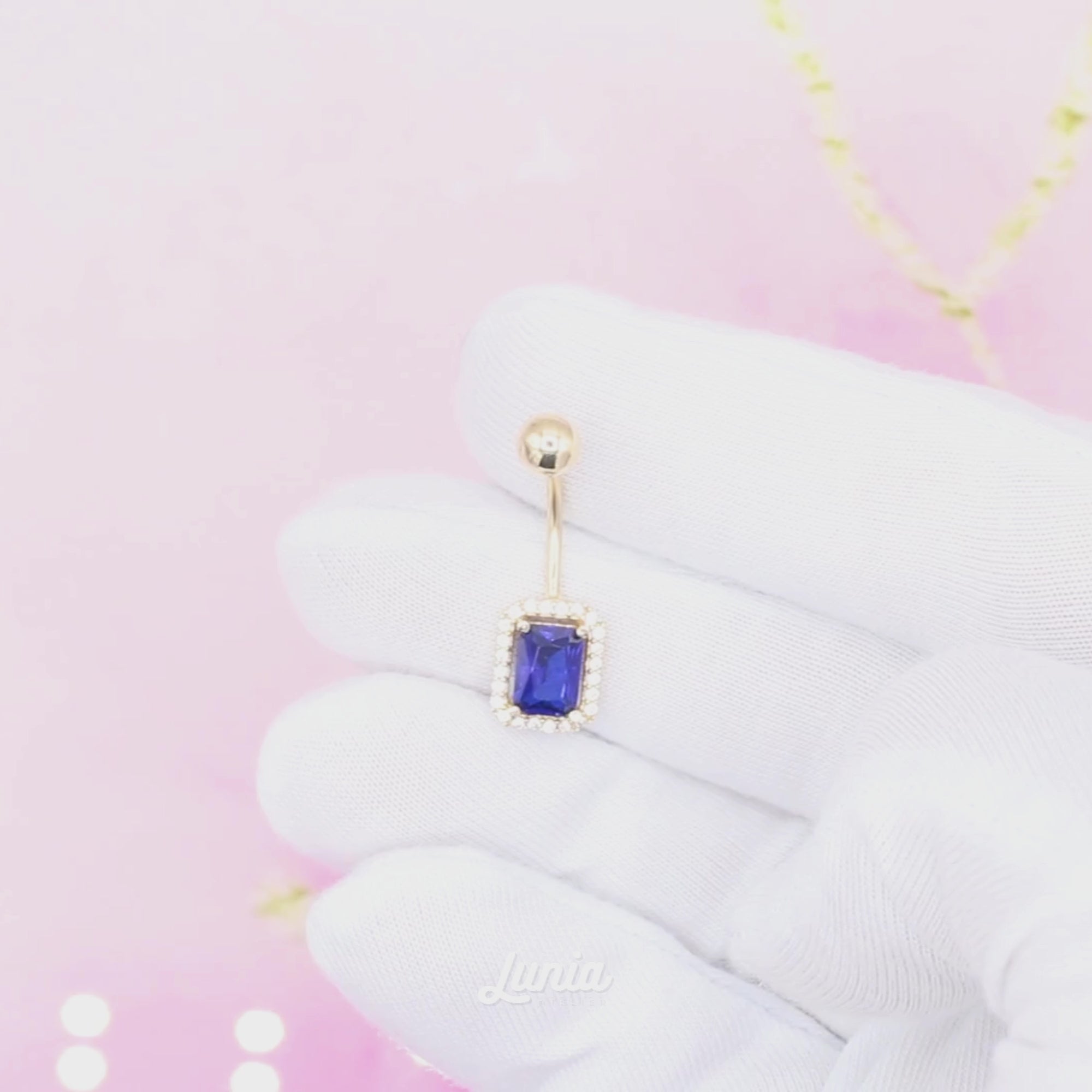 Rectangle Blue Navel Belly Ring 14K Gold with CZ Stone