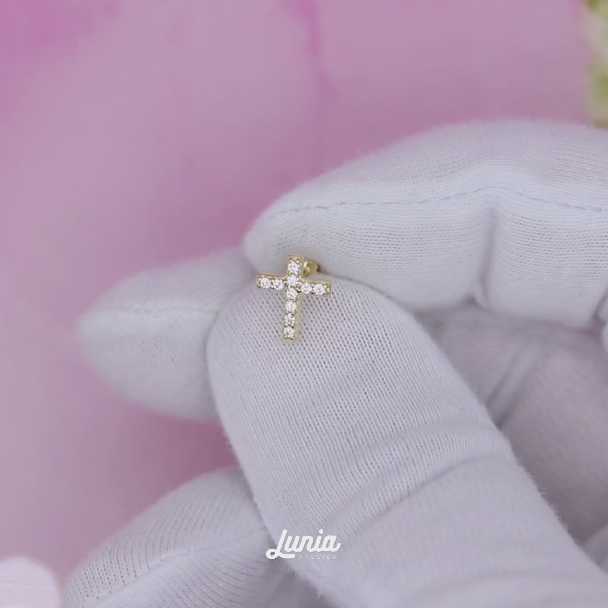 Cross Flatback Ear Piercing 14K Gold with CZ Stone