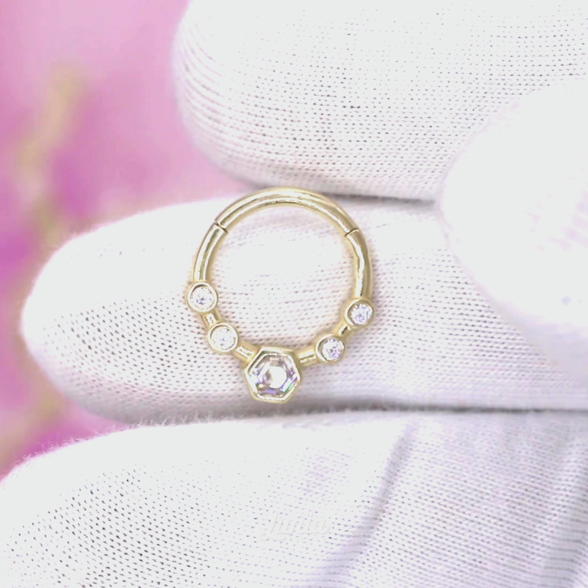 Hexa Clicker Hoop Ear Piercing 14K Gold CZ Stone