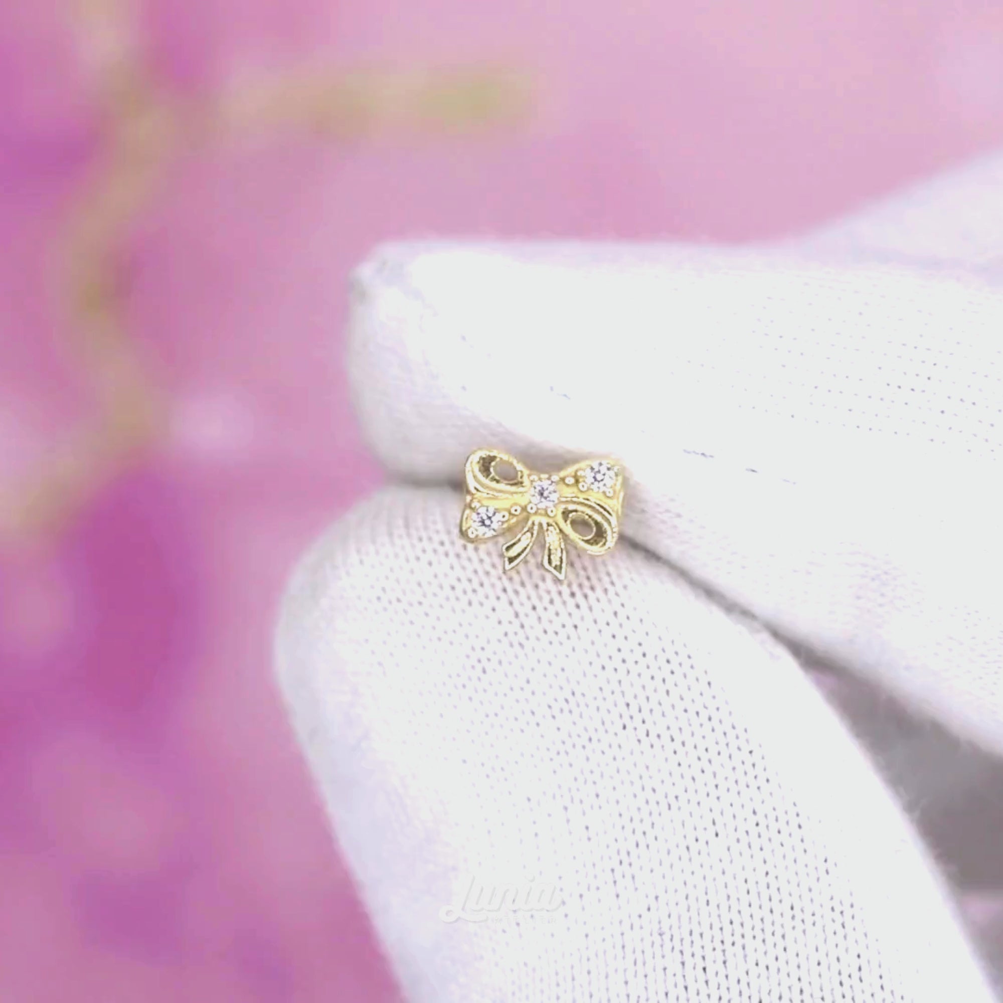 Ribbon Bow Flatback Ear Piercing 14K Gold with CZ Stone
