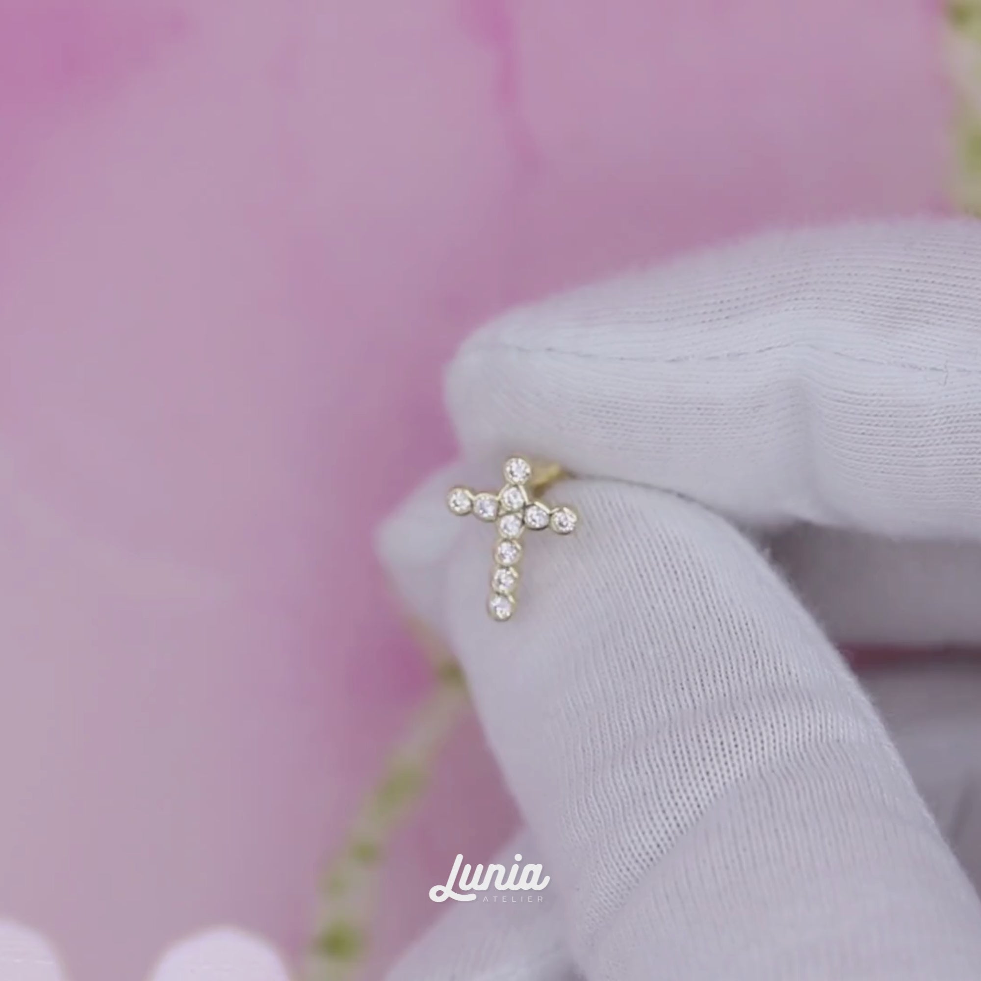 Round Stone Cross Flatback Ear Piercing 14K Gold with CZ Stone