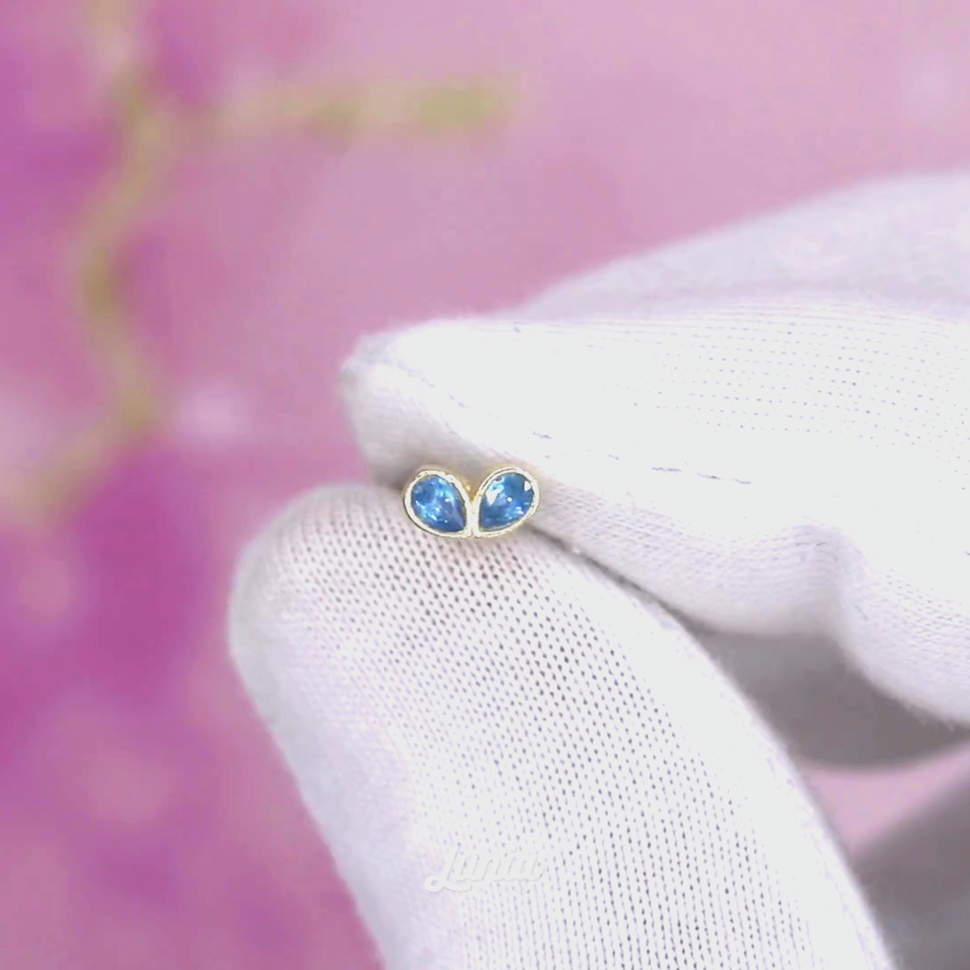 Sparkling Blue Duo Flatback Ear Piercing 14K Gold with CZ Stone
