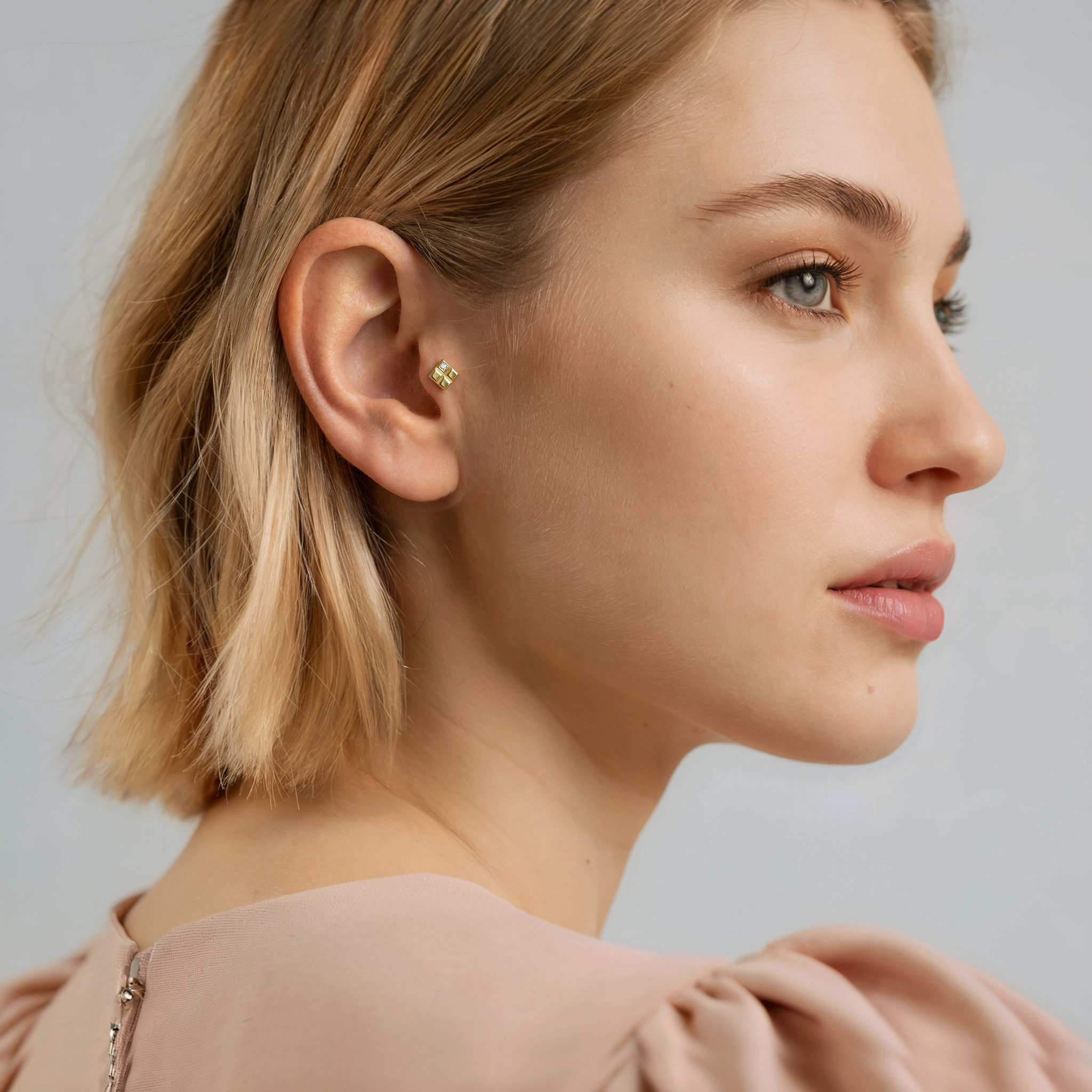 Princess Cut Flatback Ear Piercing 14K Gold Diamond CZ Stone