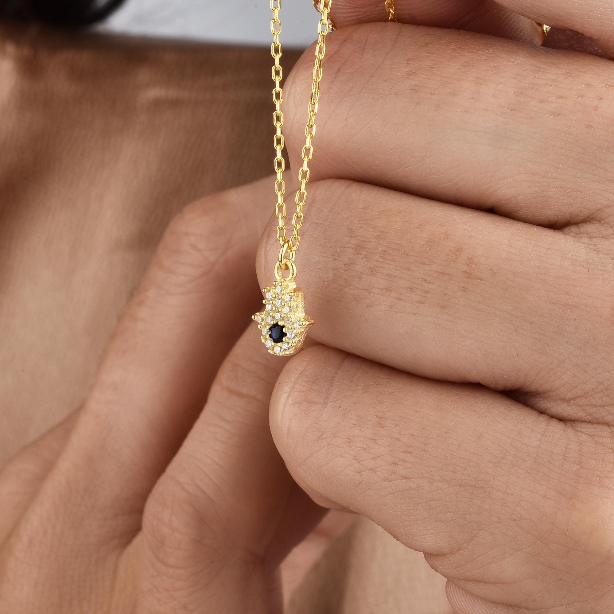 Protective Eye Hamsa Diamond Necklace 14K Gold / Silver
