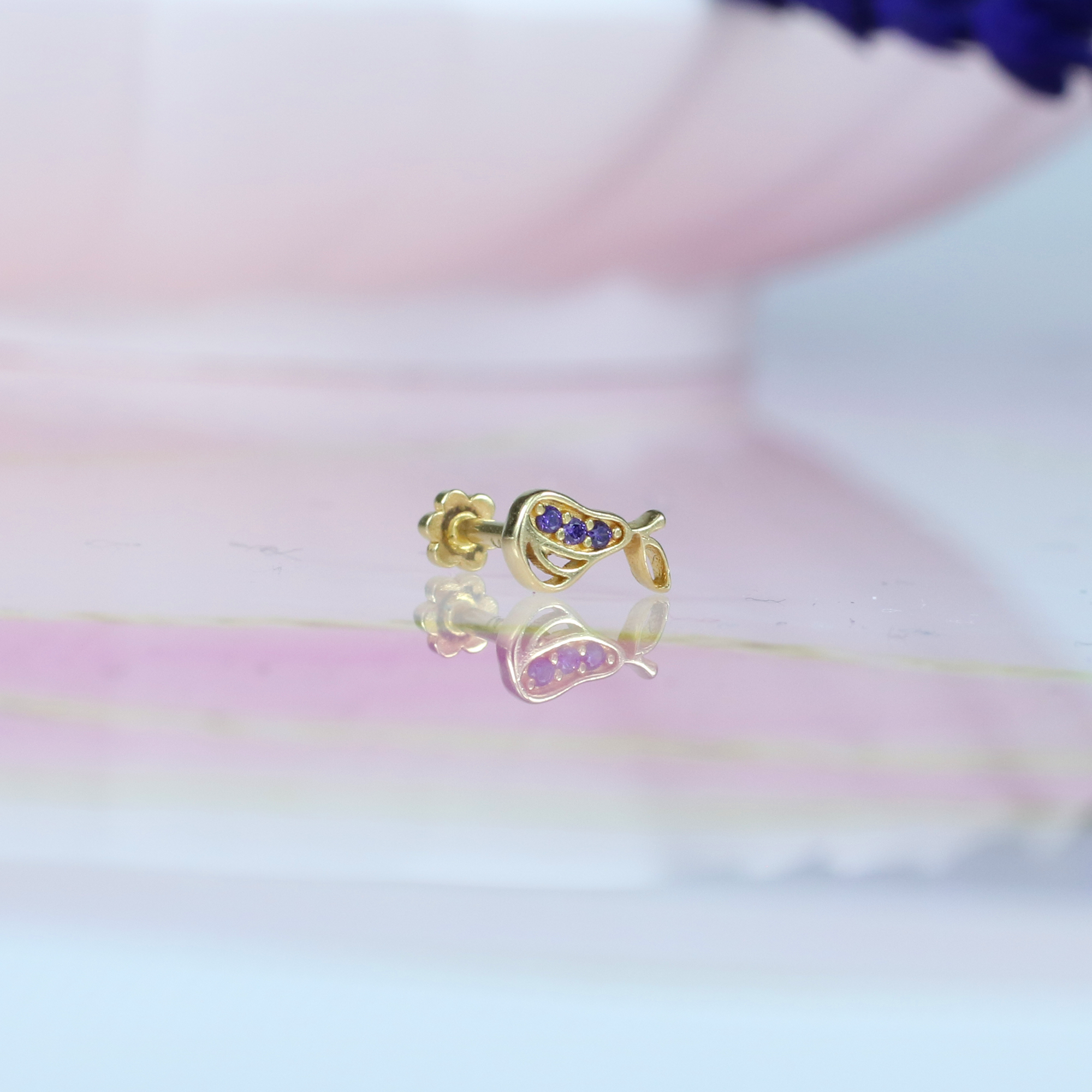Purple Pear Flatback Ear Piercing 14K Gold with CZ Stone