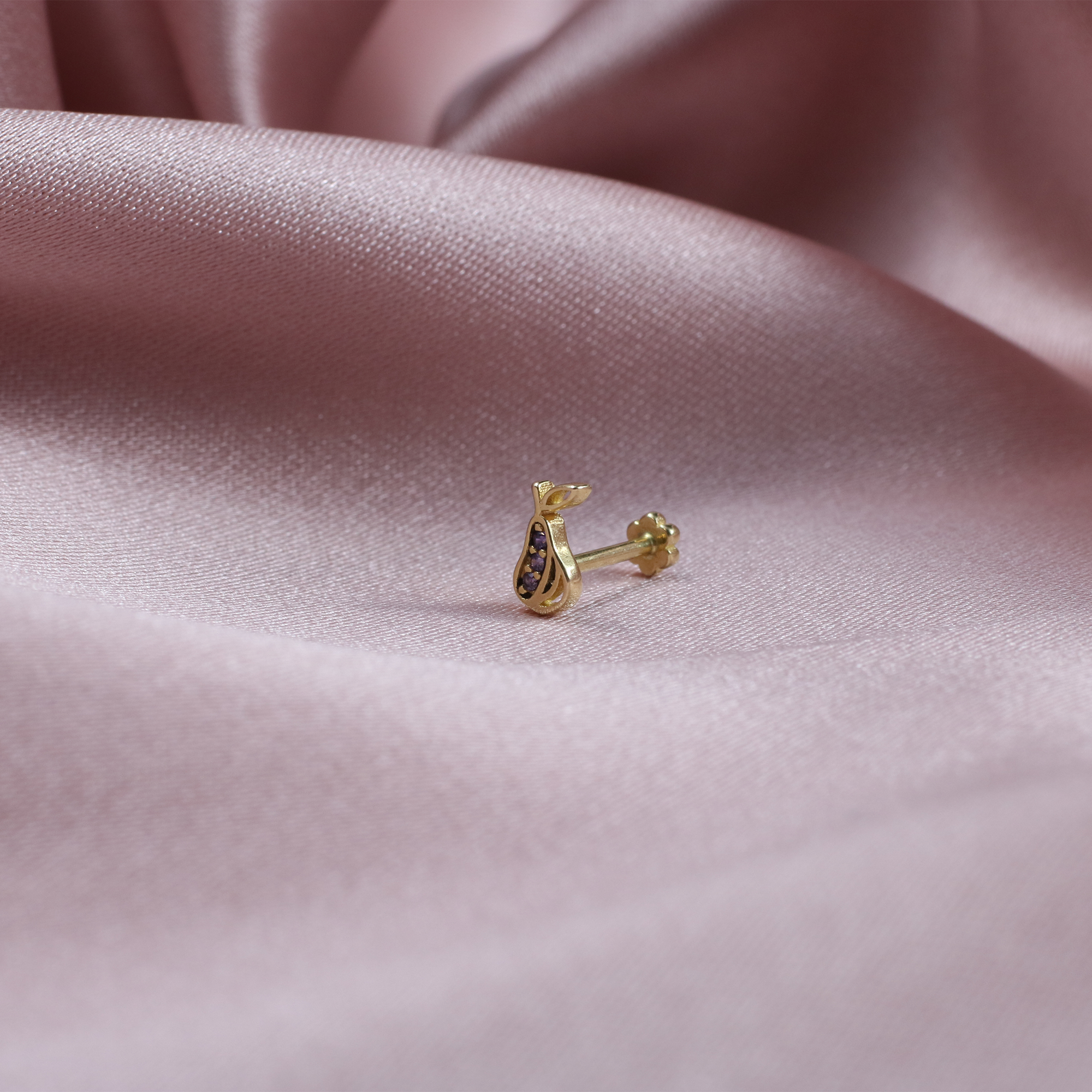 Purple Pear Flatback Ear Piercing 14K Gold with CZ Stone