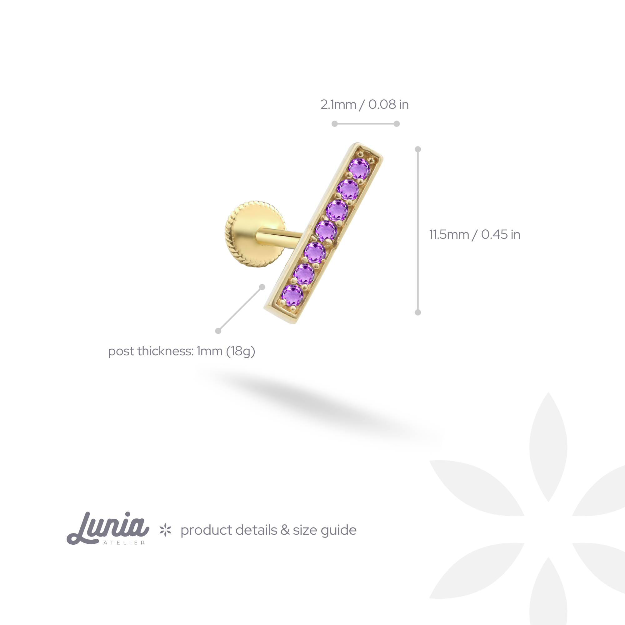 Purple Stick Flatback Ear Piercing 14K Gold with CZ Stone