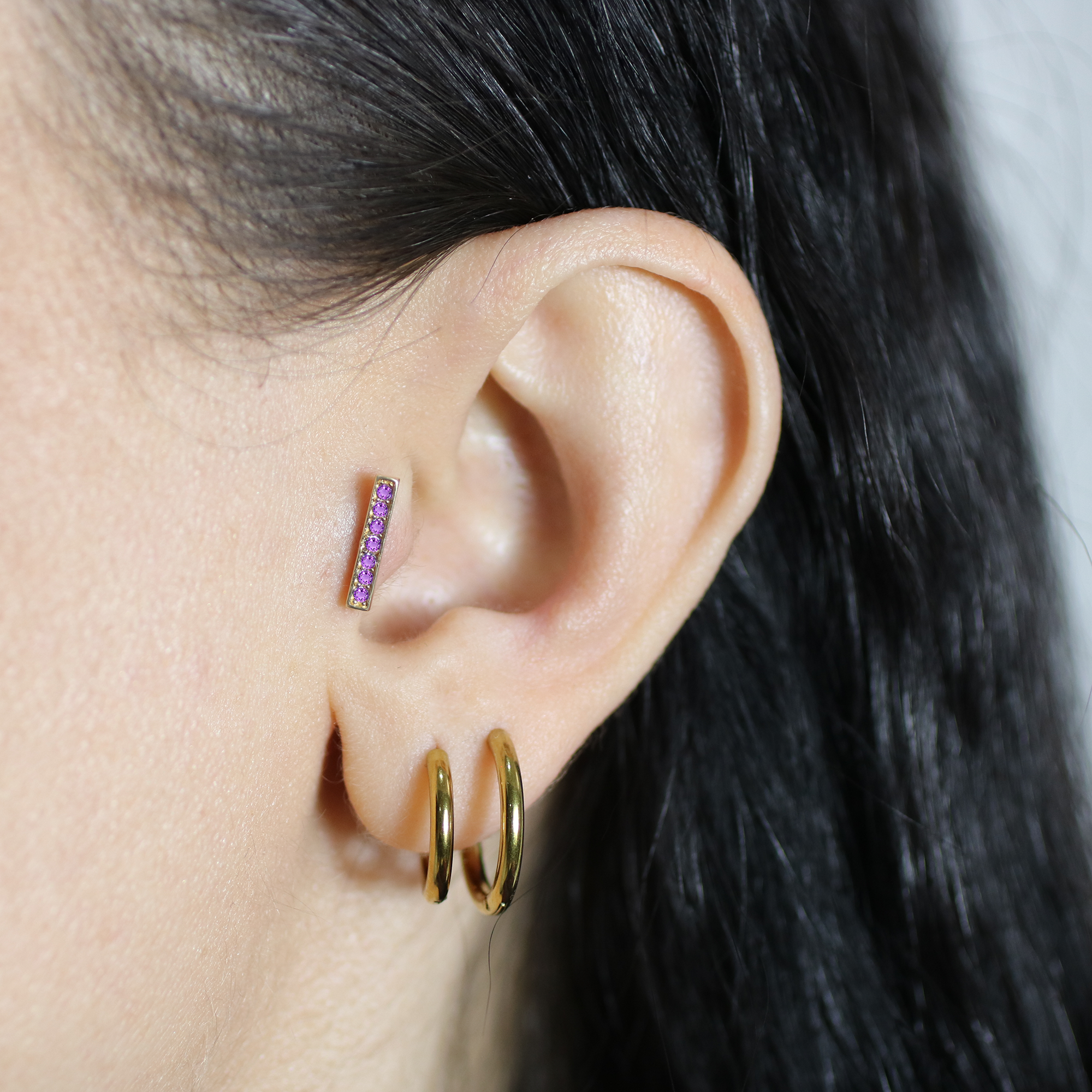 Violet Bar Flatback Ear Piercing 14K Gold with CZ Stone