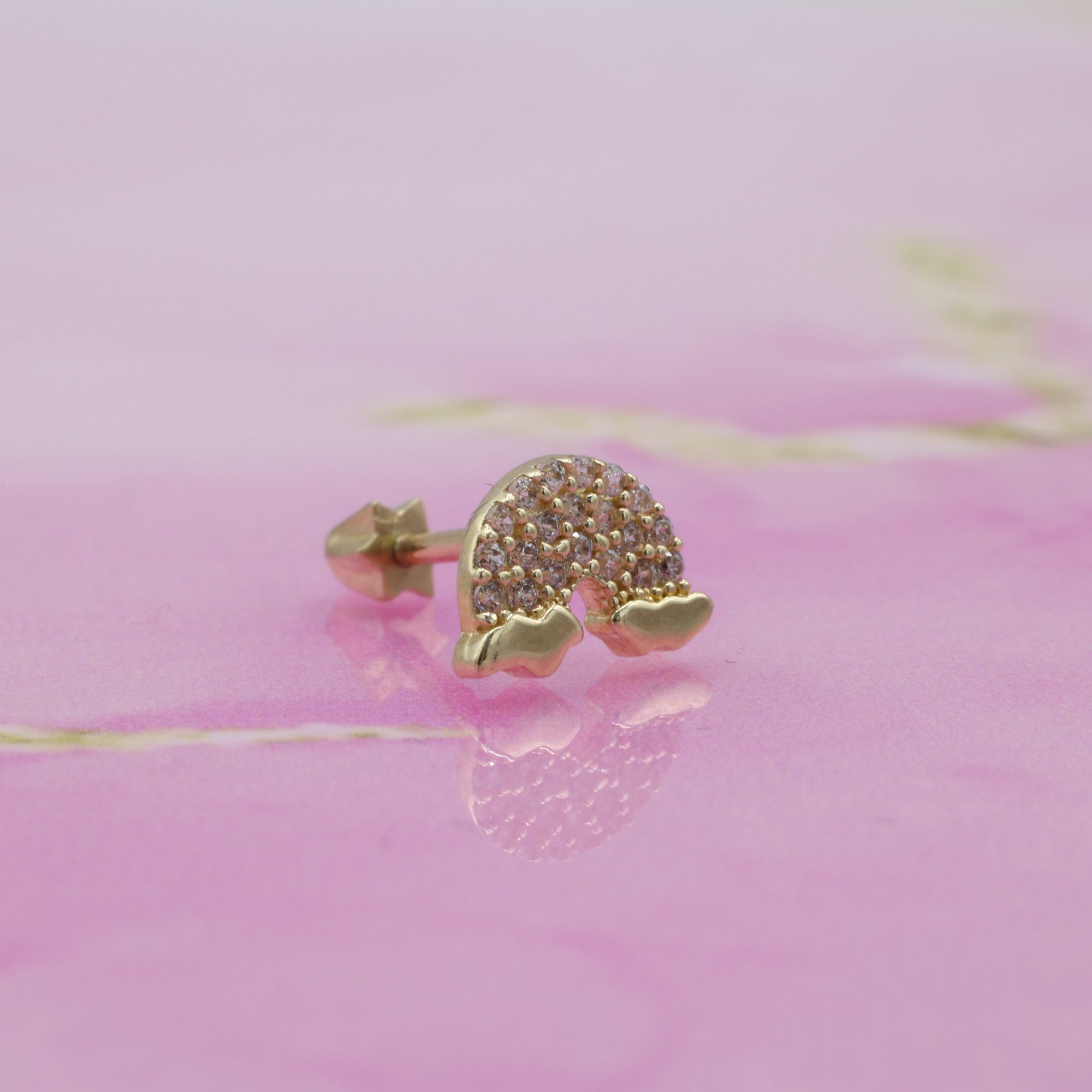 Rainbow Flatback Ear Piercing 14K Gold with CZ Stone
