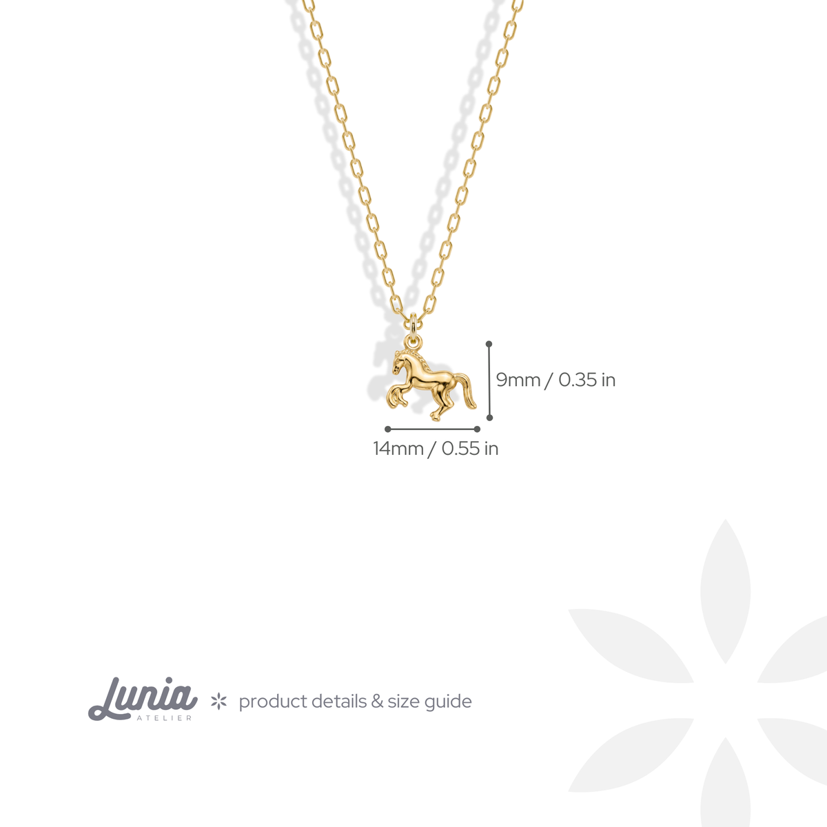 Horse charm is 14 mm wide from chest to tail and 9 mm high
