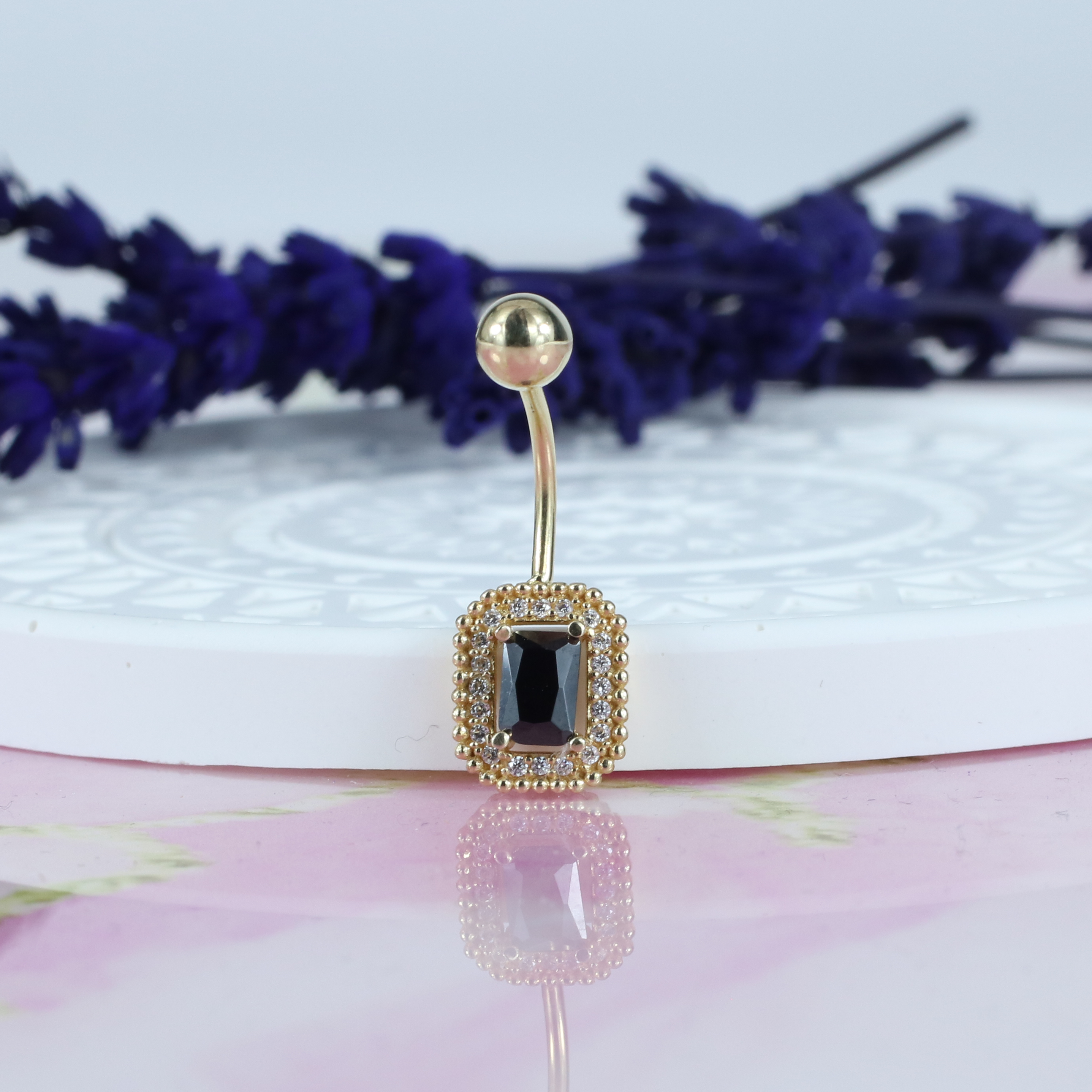 Rectangle Black Navel Belly Ring 14K Gold with CZ Stone
