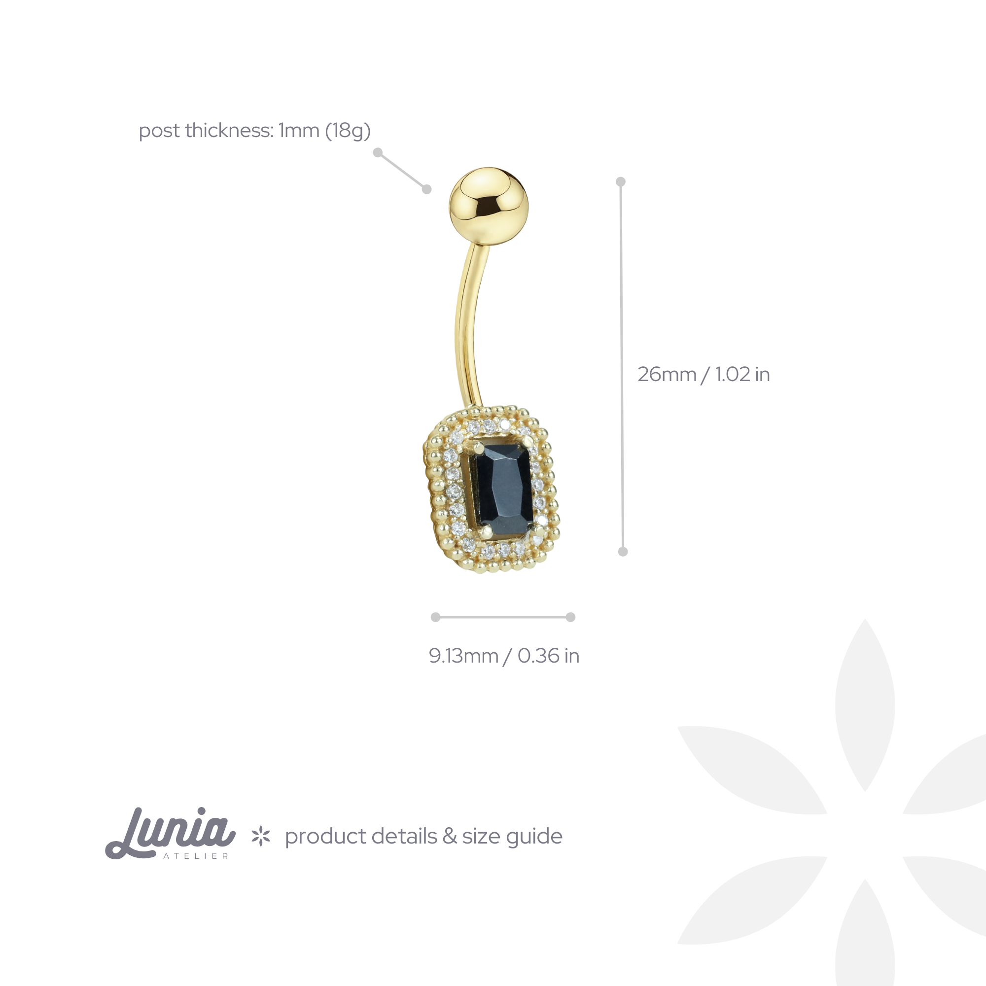 Rectangle Black Navel Belly Ring 14K Gold with CZ Stone