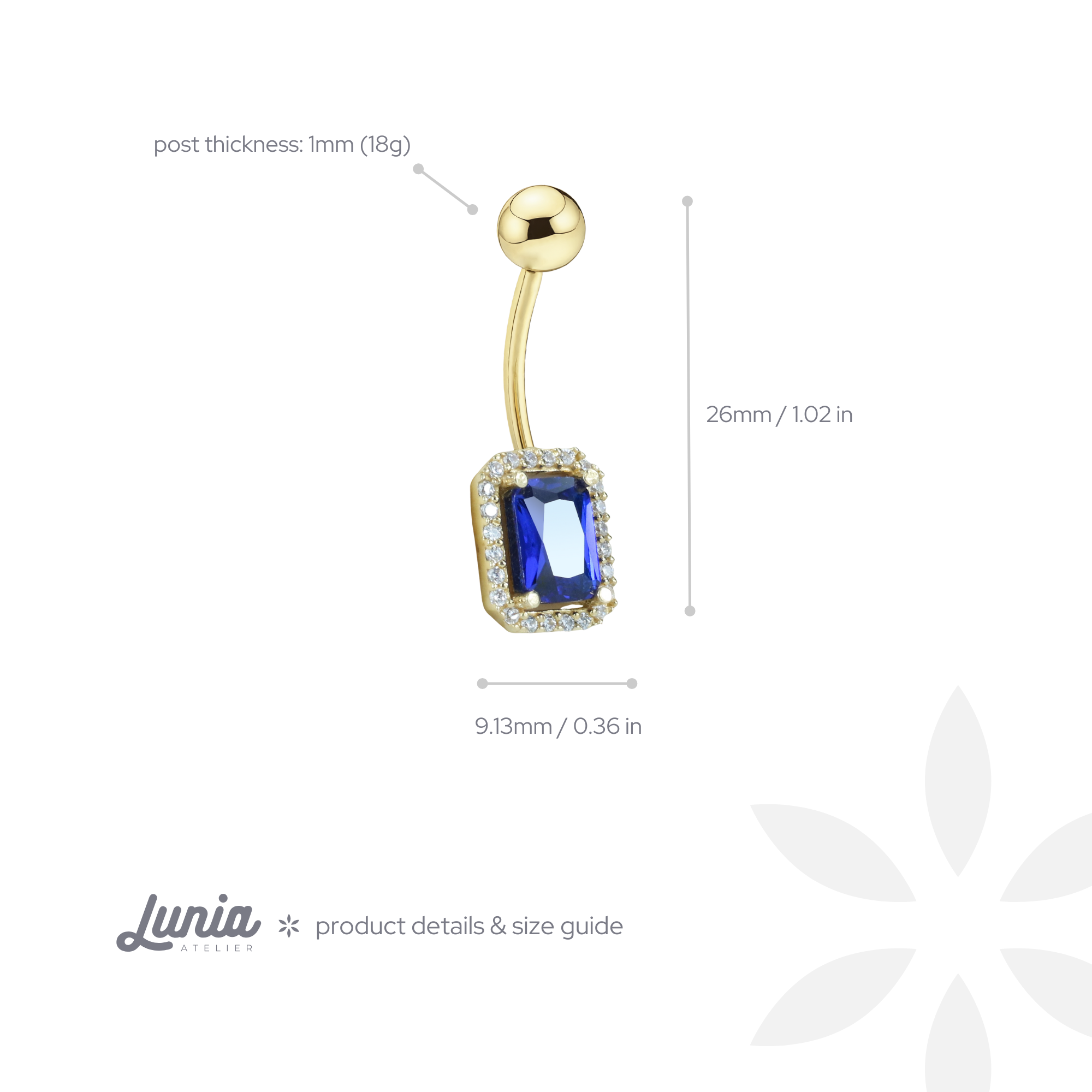 Rectangle Blue Navel Belly Ring 14K Gold with CZ Stone