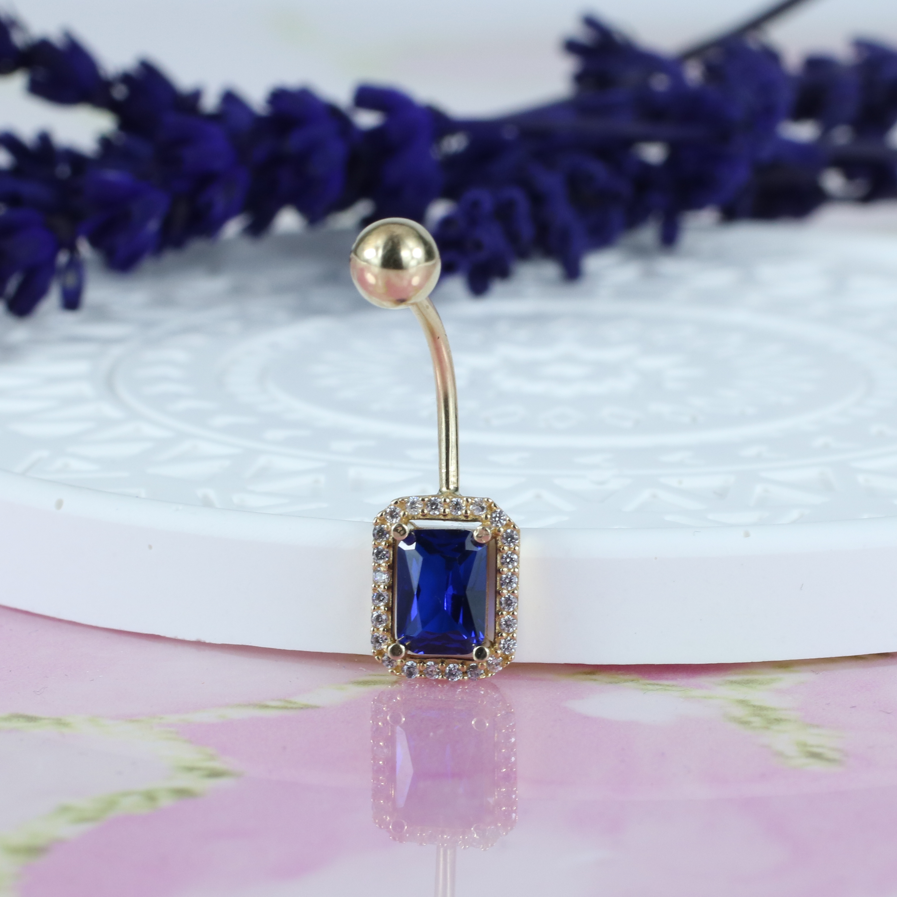 Rectangle Blue Navel Belly Ring 14K Gold with CZ Stone