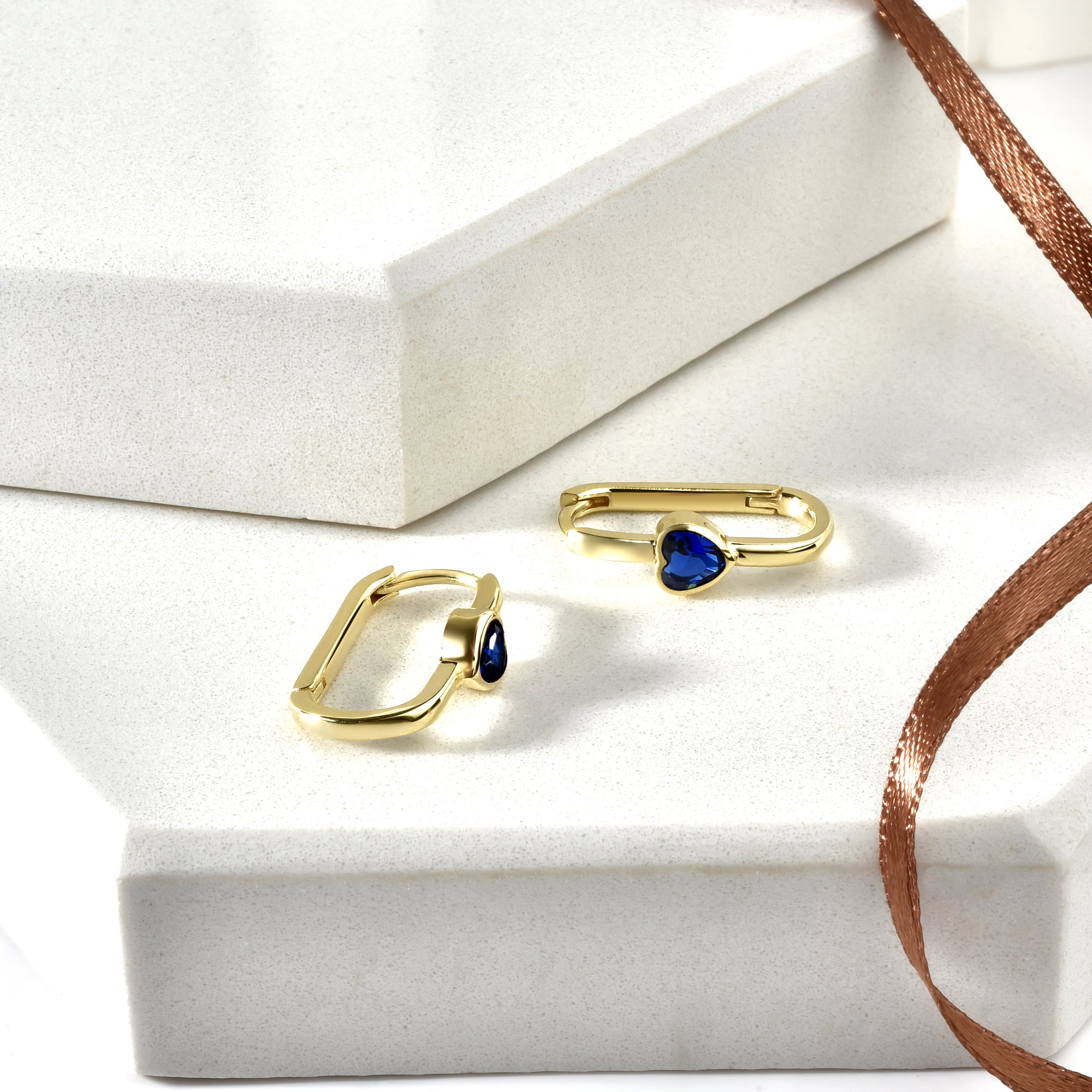 Rectangle Heart Blue Hoop Earrings 14K Gold / Silver