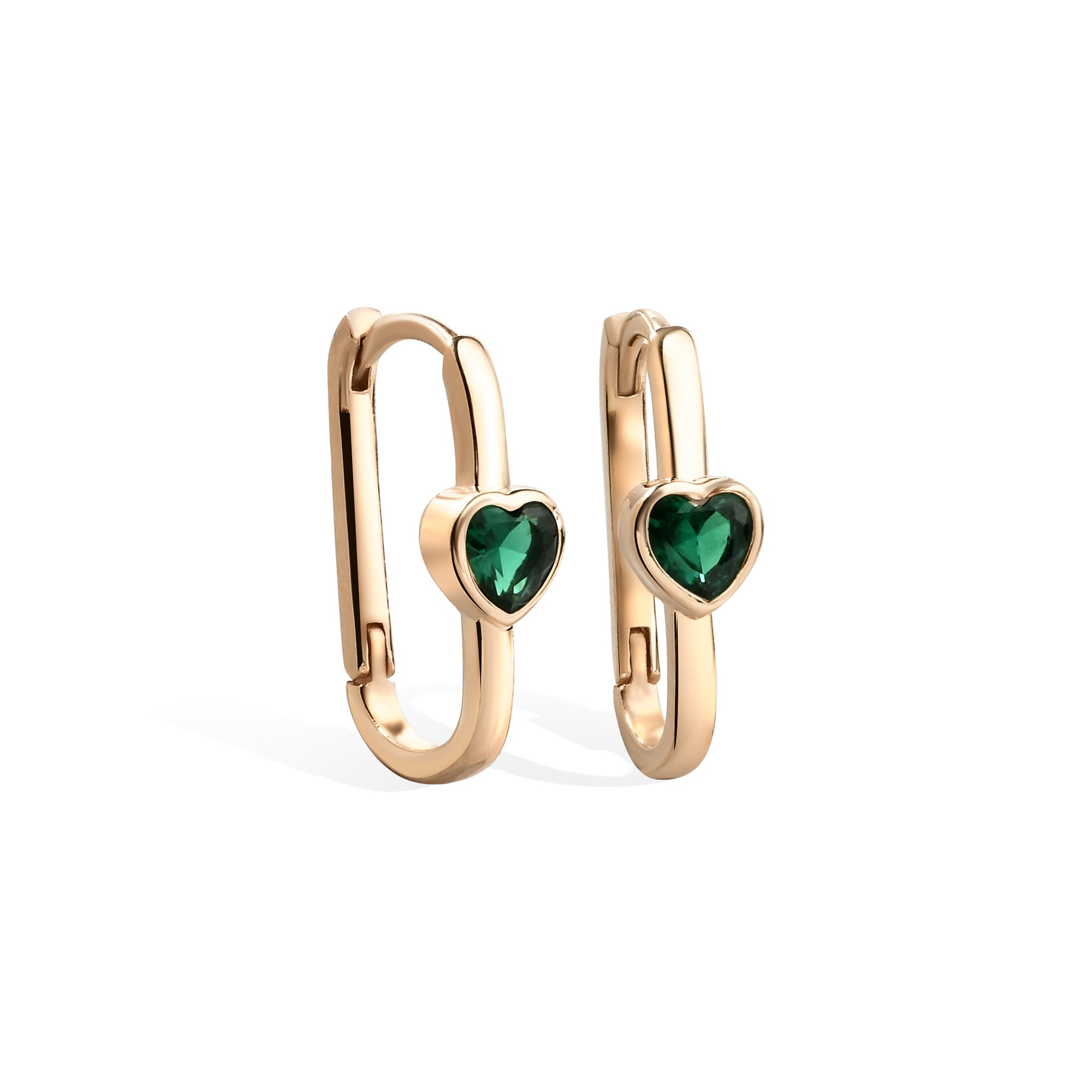 Rectangle Heart Green Hoop Earrings 14K Gold / Silver