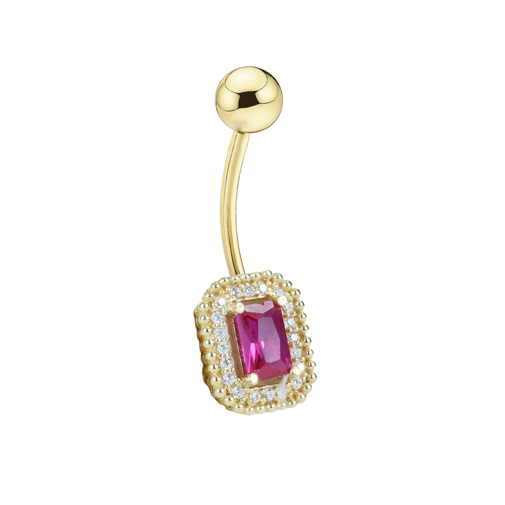 Rectangle Pink Navel Belly Ring 14K Gold with CZ Stone