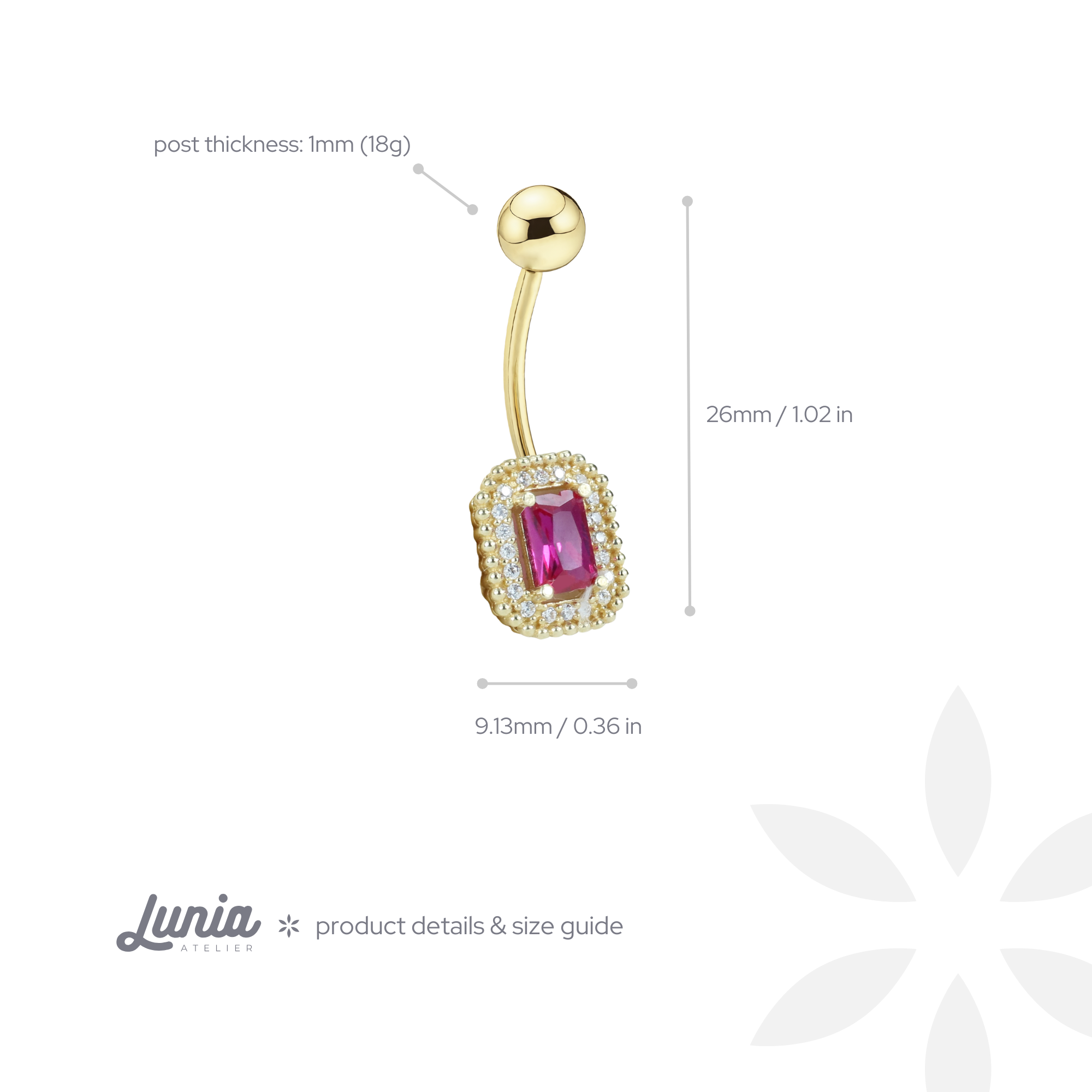 Rectangle Pink Navel Belly Ring 14K Gold with CZ Stone