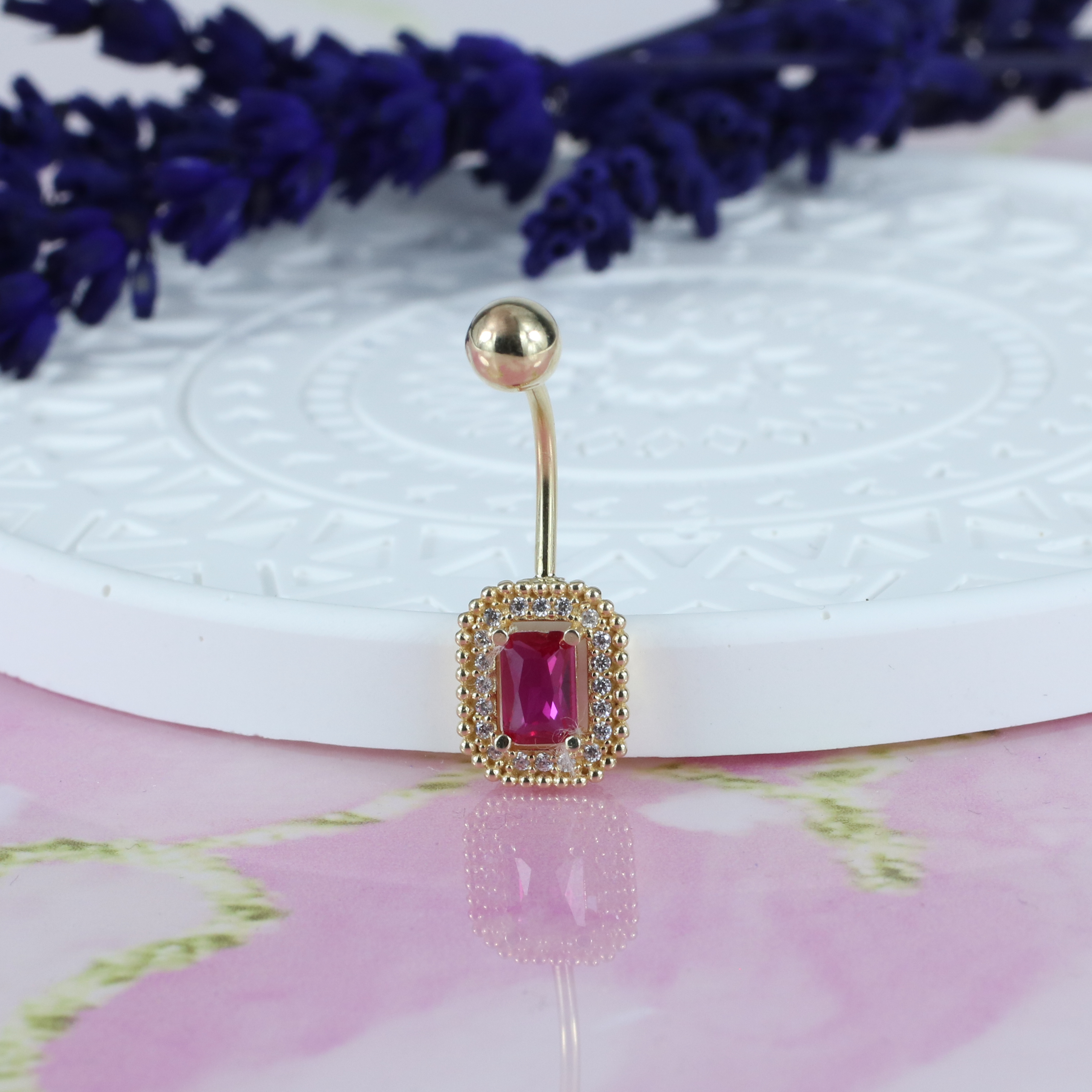 Rectangle Pink Navel Belly Ring 14K Gold with CZ Stone