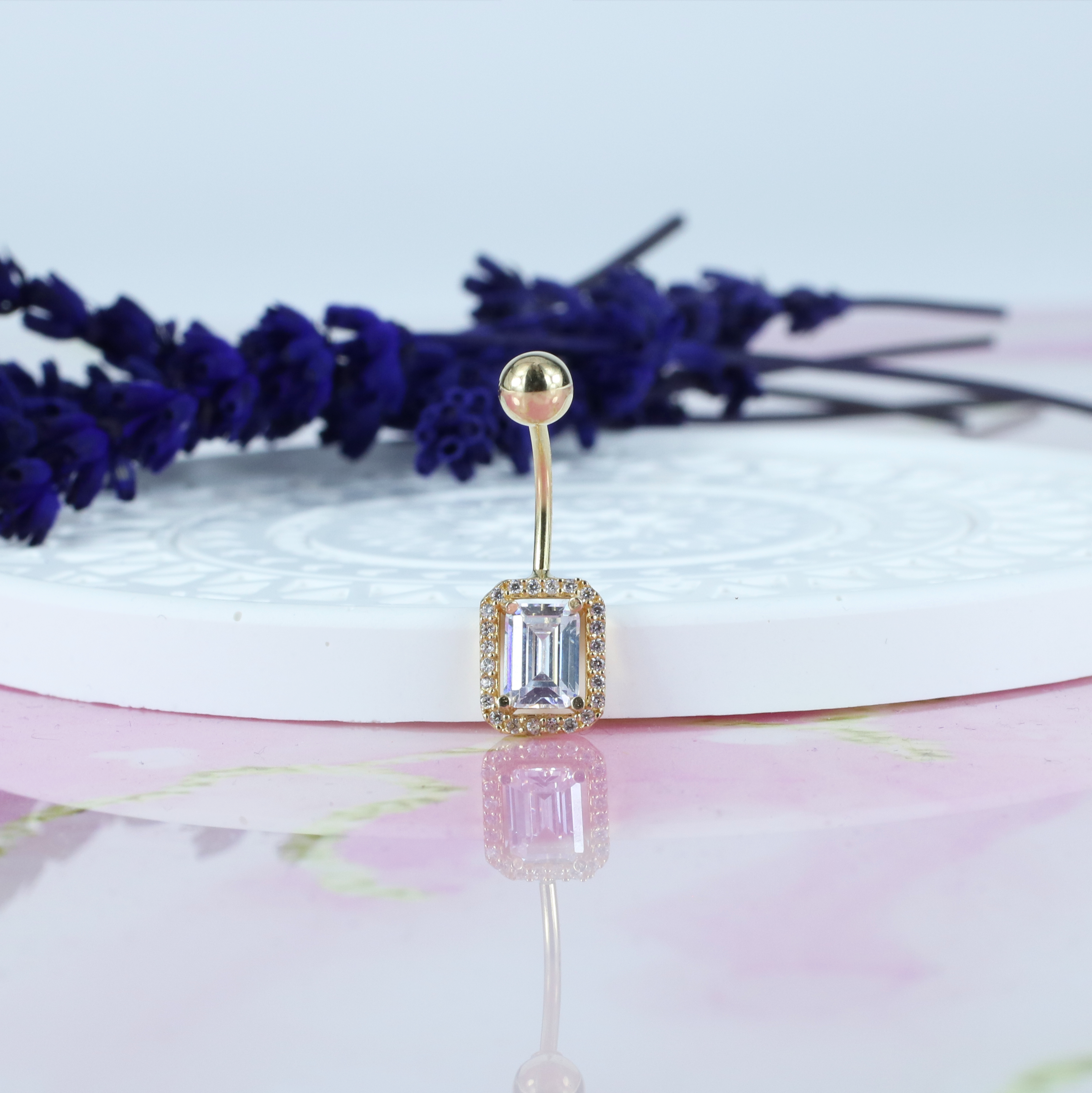 Rectangle White Navel Belly Ring 14K Gold with CZ Stone