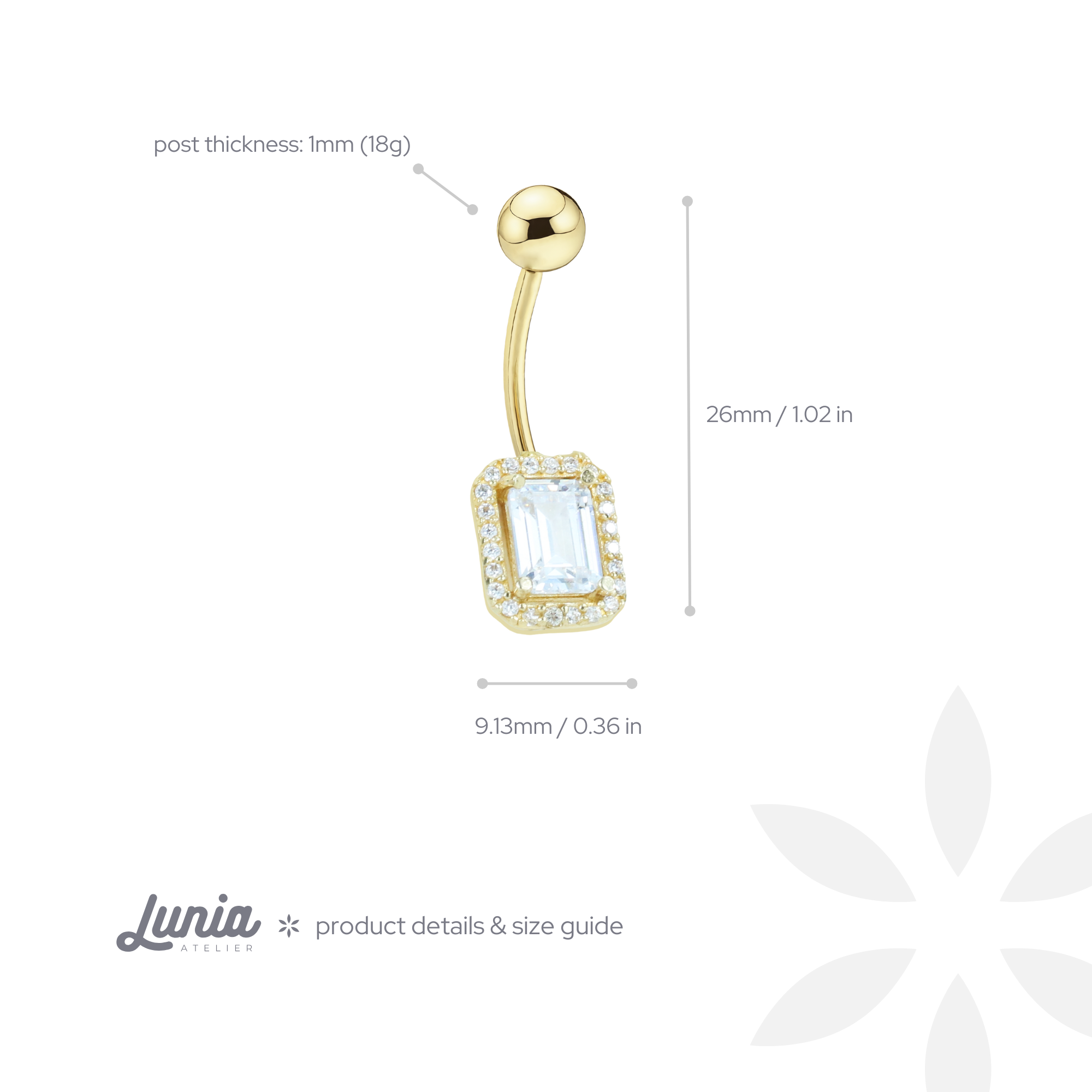 Rectangle White Navel Belly Ring 14K Gold with CZ Stone