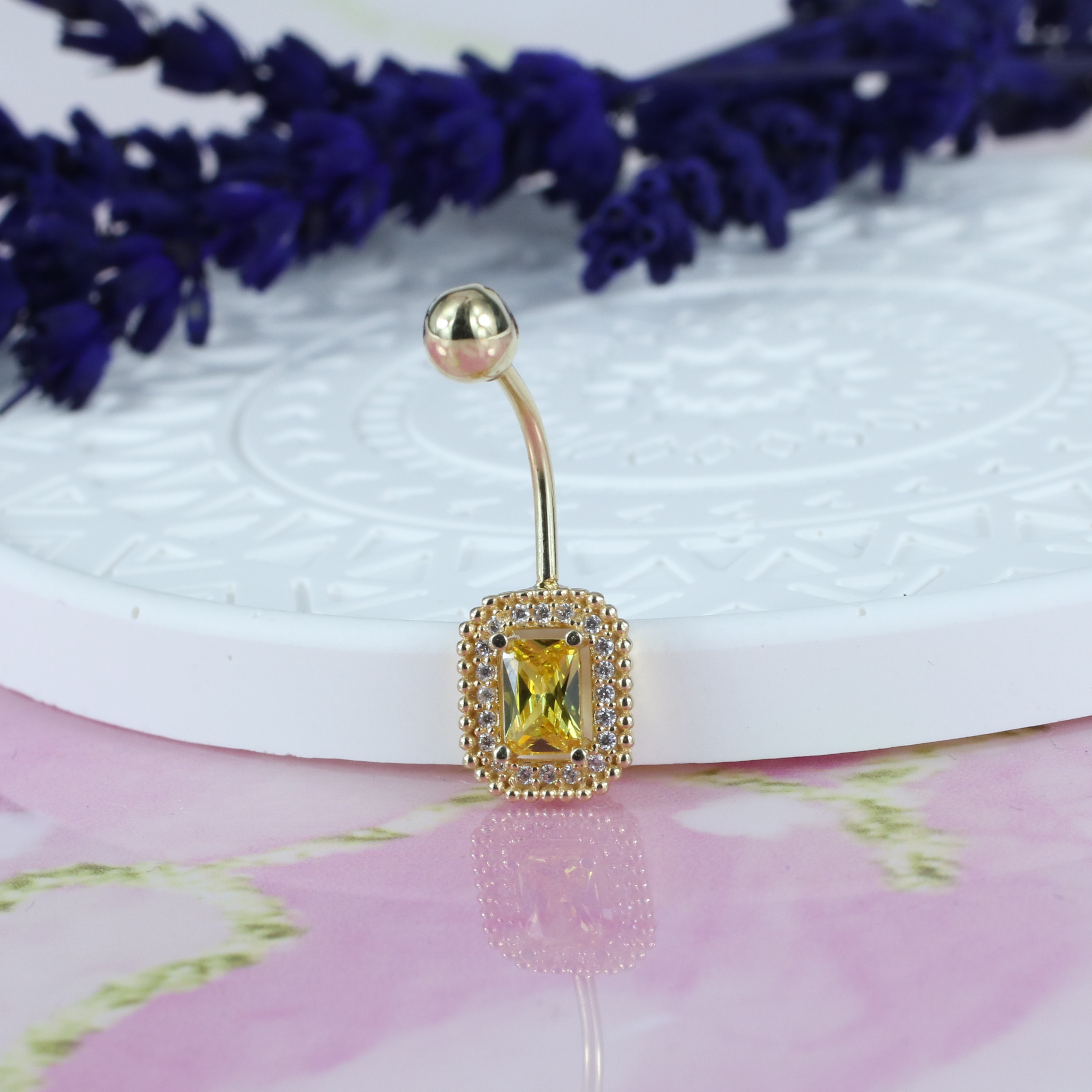 Rectangle Yellow Navel Belly Ring 14K Gold with CZ Stone