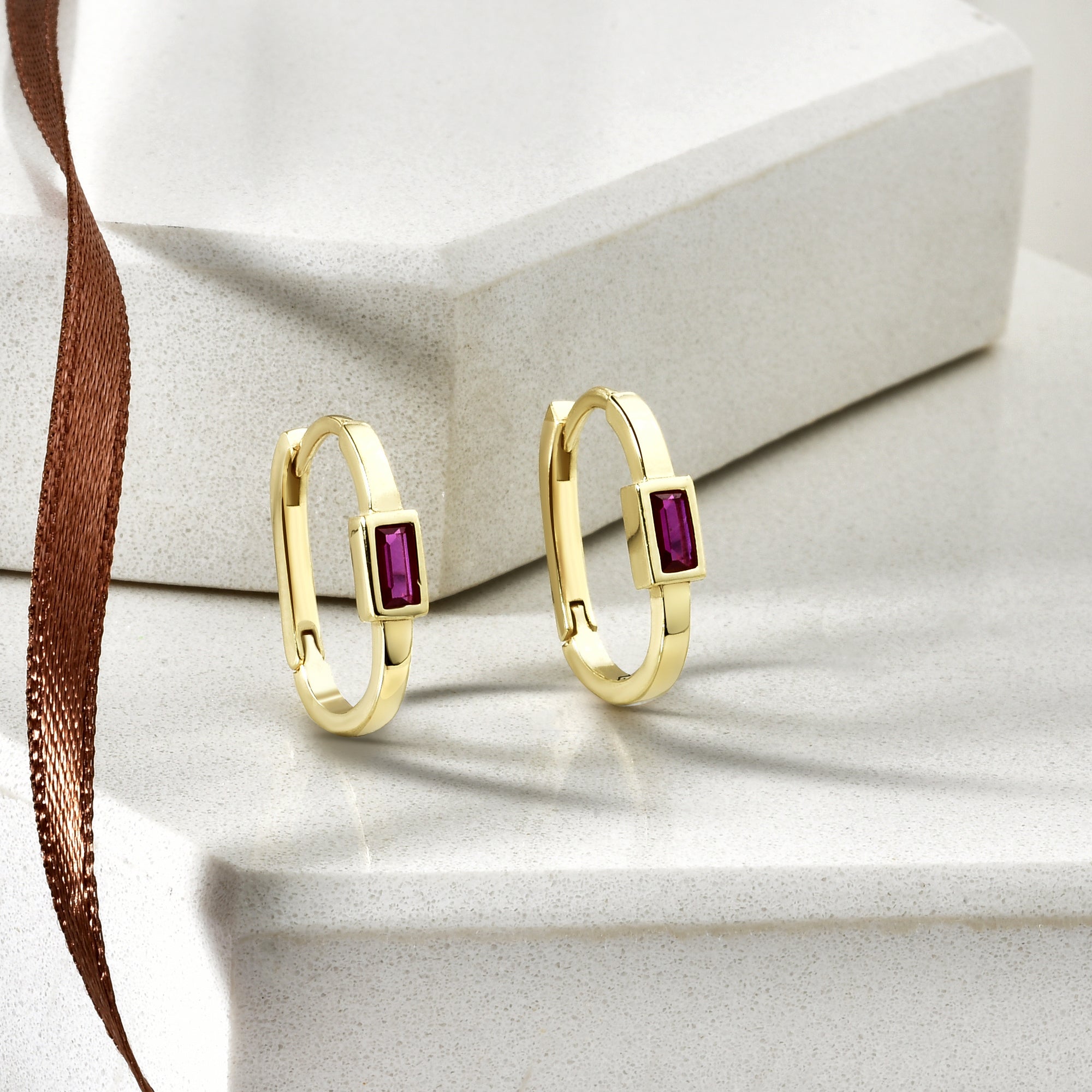 Rectangular Pink Hoops Earrings 14K Gold / Silver