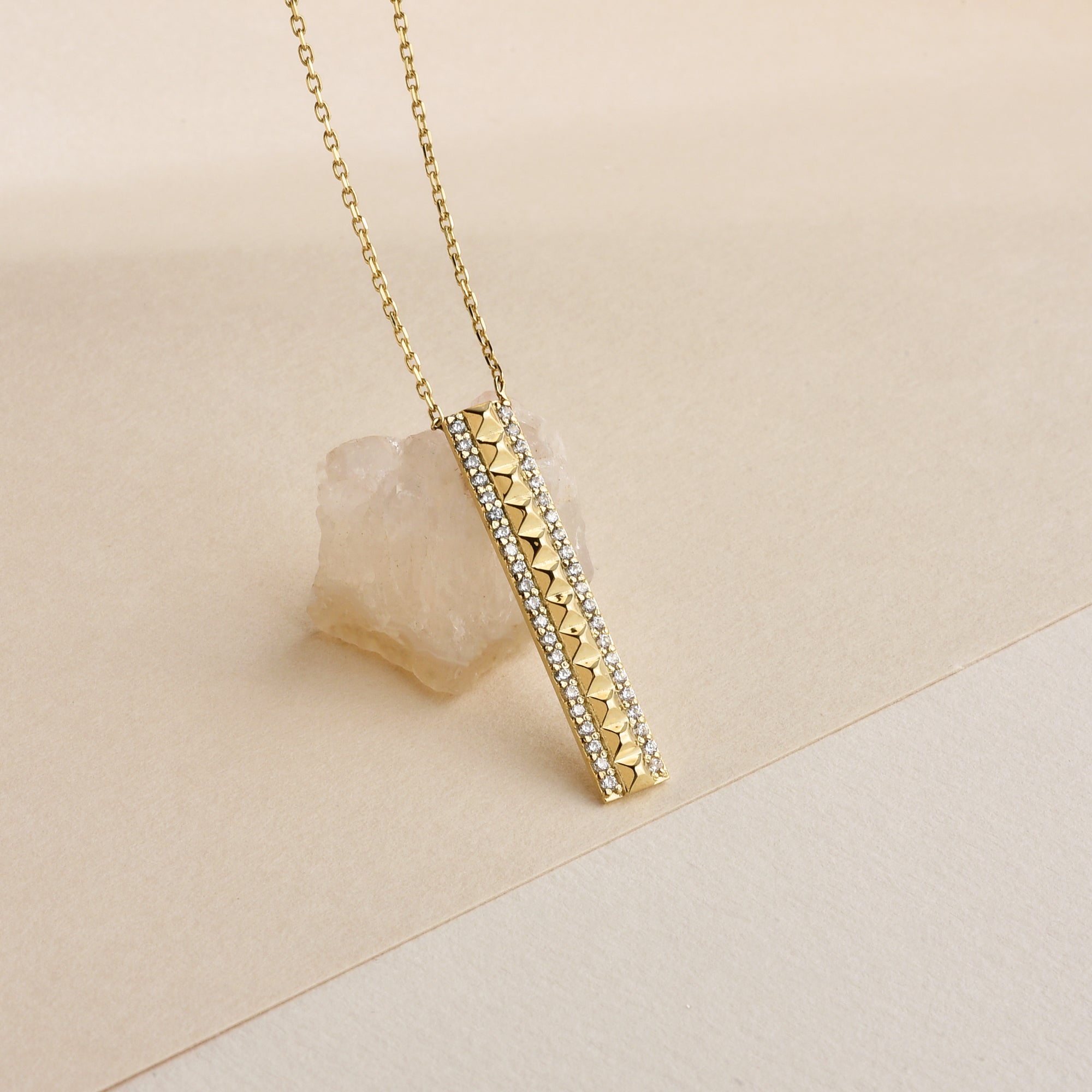 Rectangular Stone Row Diamond Necklace 14K Gold / Silver