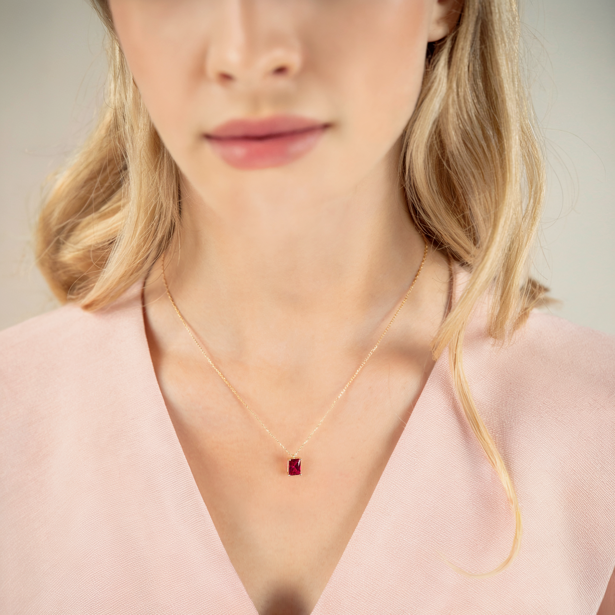 Ruby Rectangle Birthstone Gemstone Custom Necklace 14K Gold