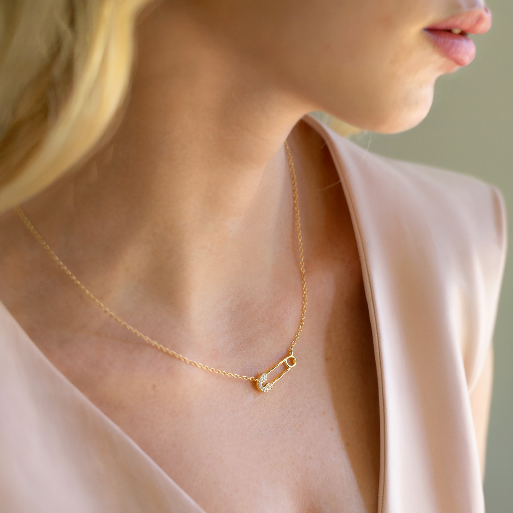 Safety Pin Diamond Necklace 14K Gold