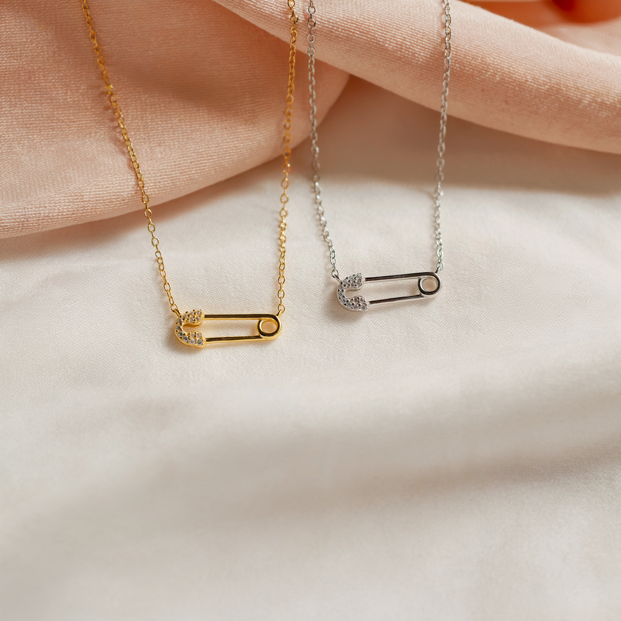 Safety Pin Diamond Necklace 14K Gold