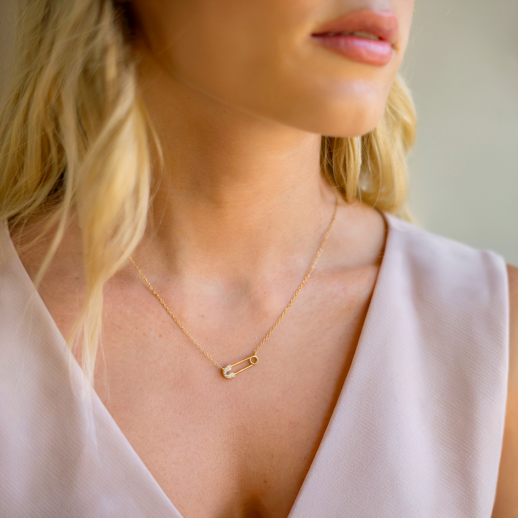 Safety Pin Diamond Necklace 14K Gold