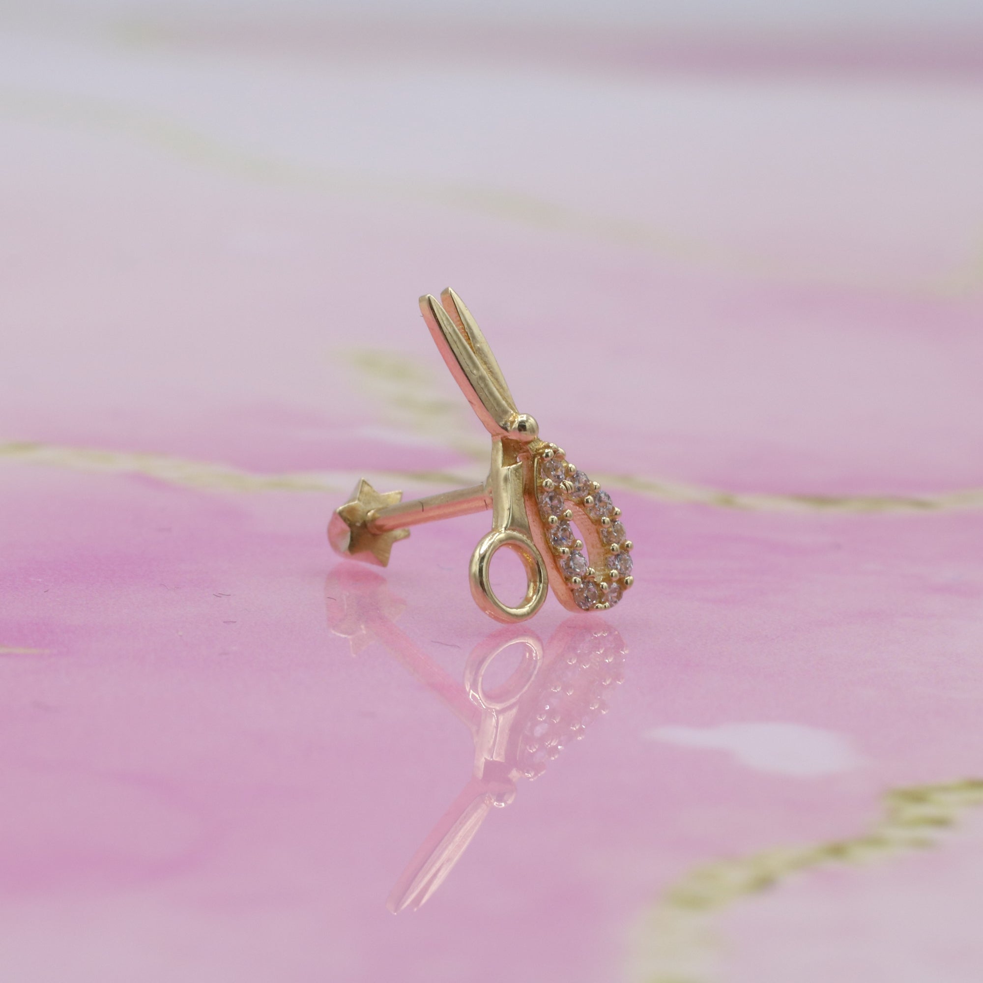 Scissors Flatback Ear Piercing 14K Gold with CZ Stone