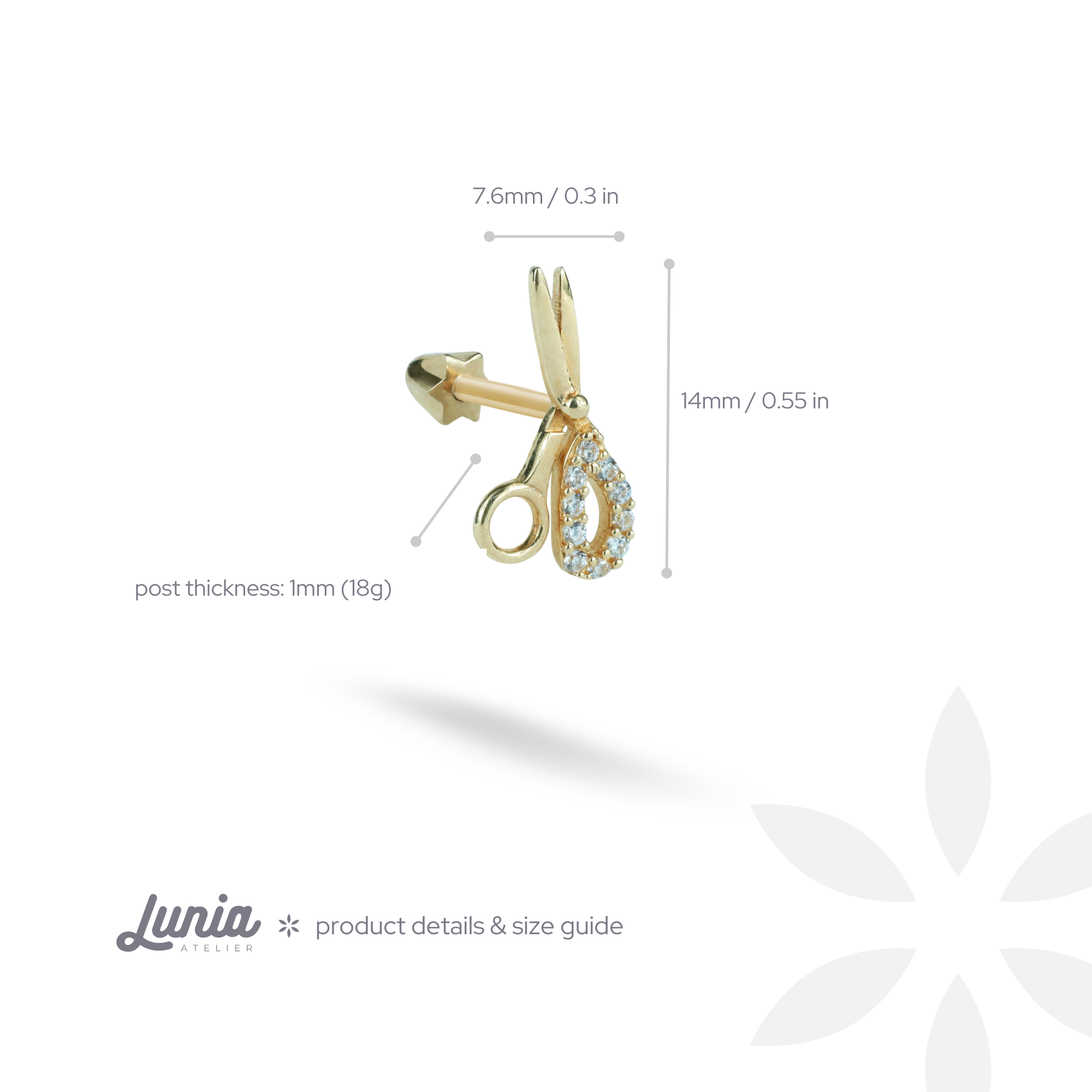 Scissors Flatback Ear Piercing 14K Gold with CZ Stone