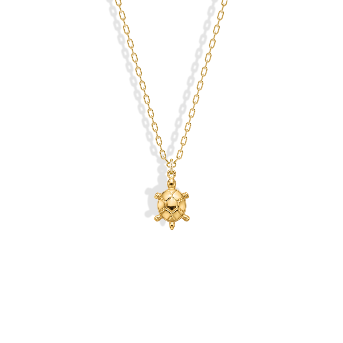 Sea Turtle Pendant Necklace 14K Gold: a segmented shell and four flippers cast in yellow gold