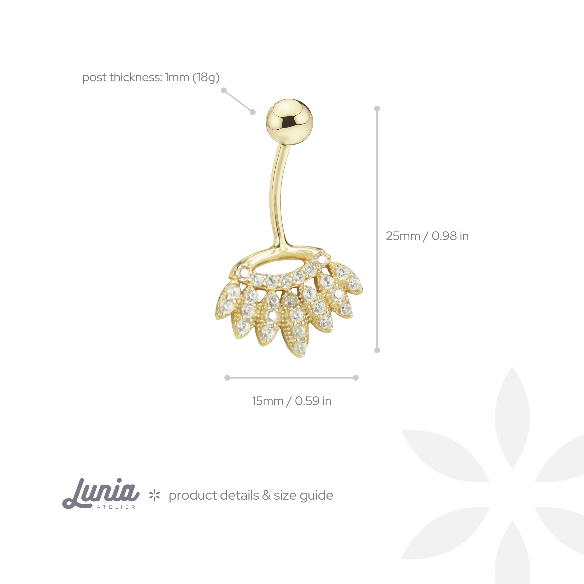 Seven Leaves Navel Belly Ring 14K Gold with CZ Stone