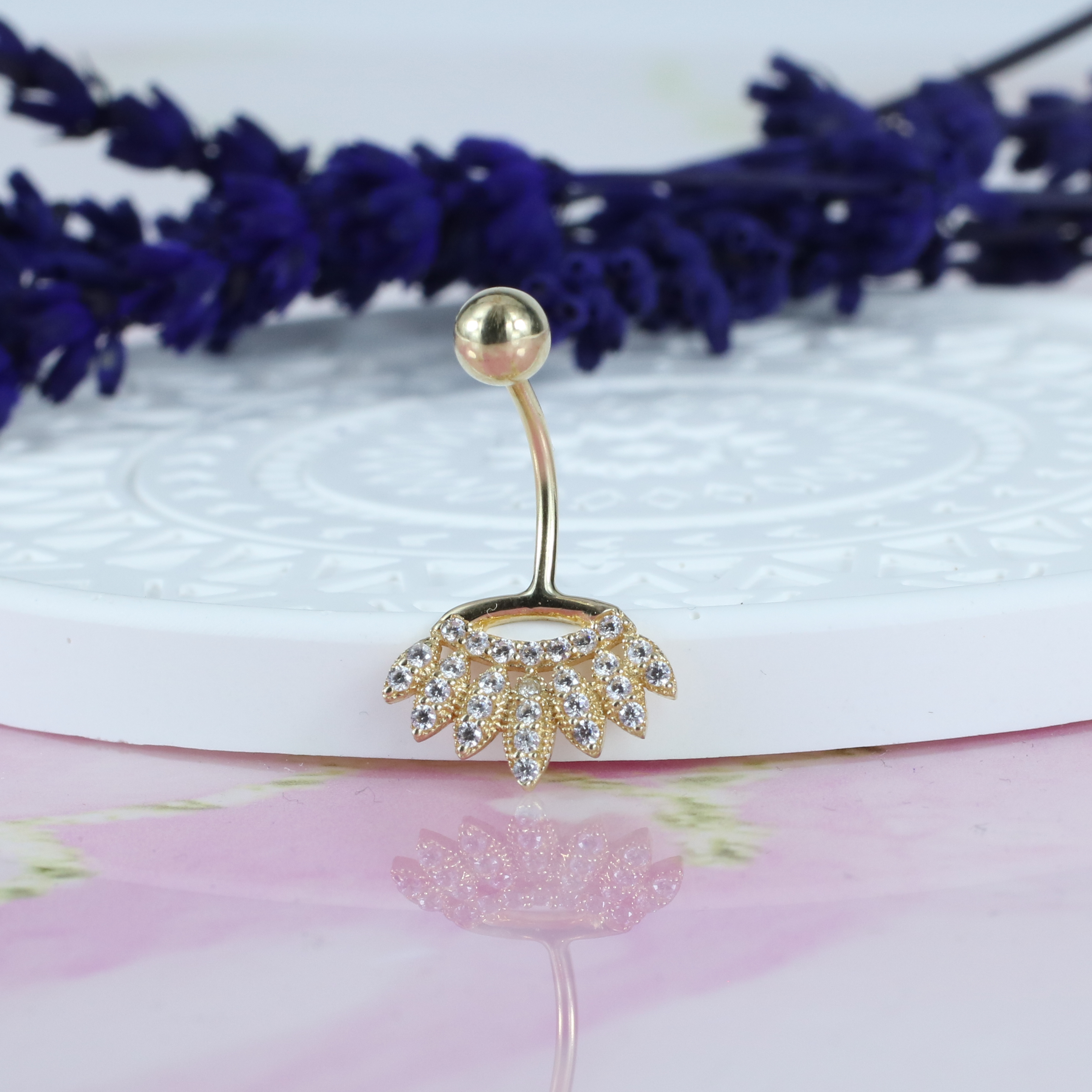 Seven Leaves Navel Belly Ring 14K Gold with CZ Stone