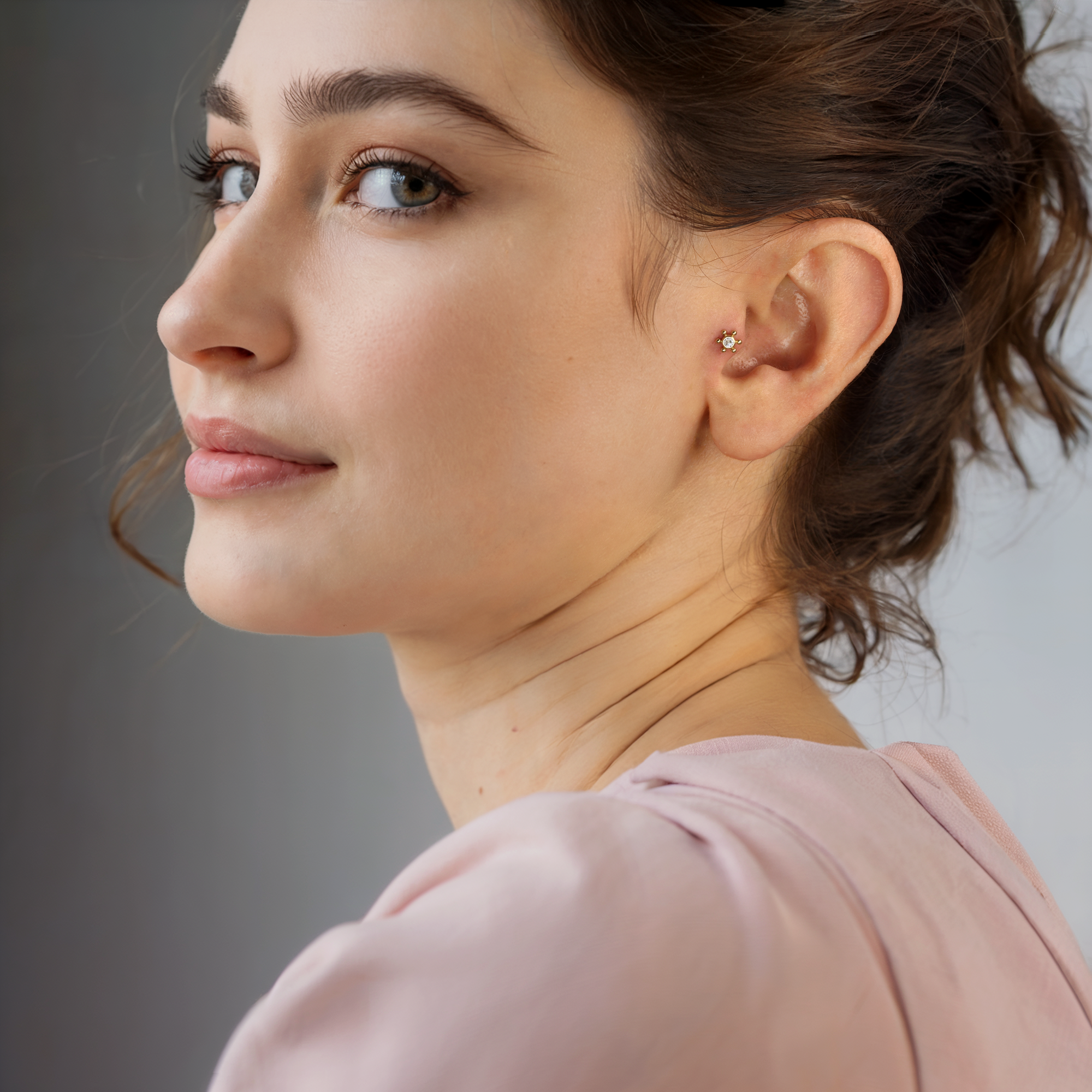 Ship Wheel Flatback Ear Piercing 14K Gold with CZ Stone