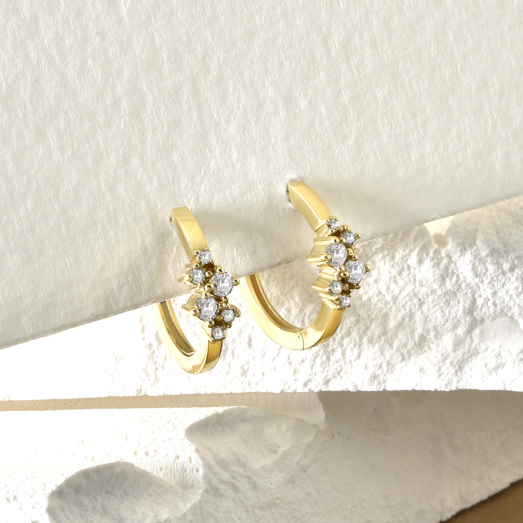 Six Stones Huggie Diamond Hoops Earrings 14K Gold