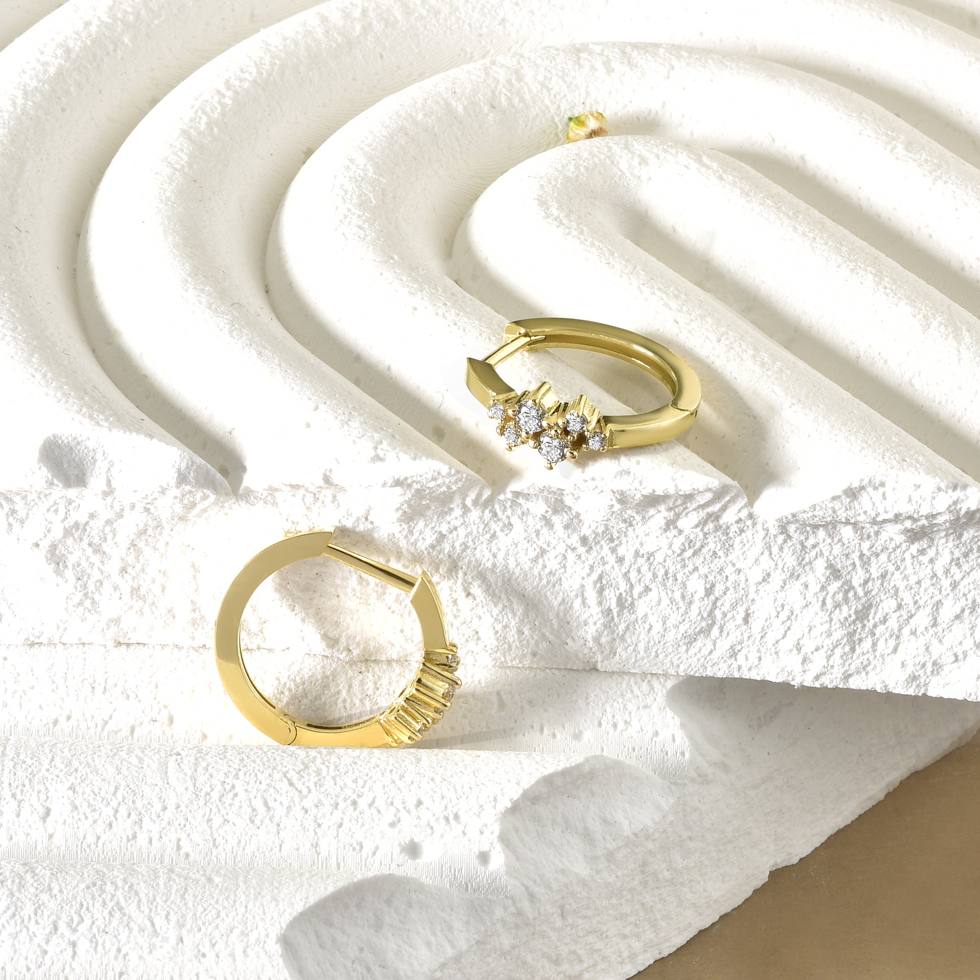 Six Stones Huggie Diamond Hoops Earrings 14K Gold
