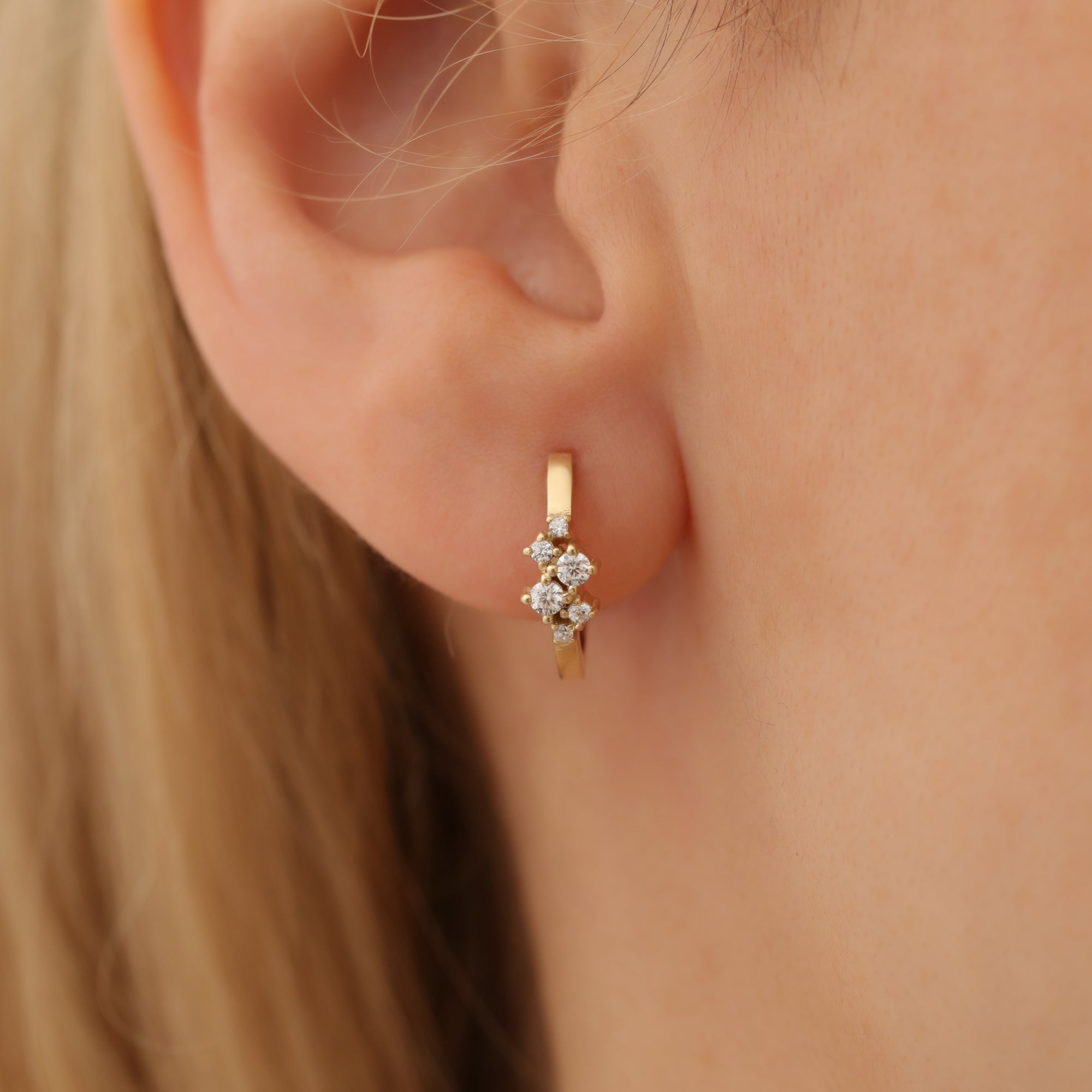 Six Stones Huggie Diamond Hoops Earrings 14K Gold