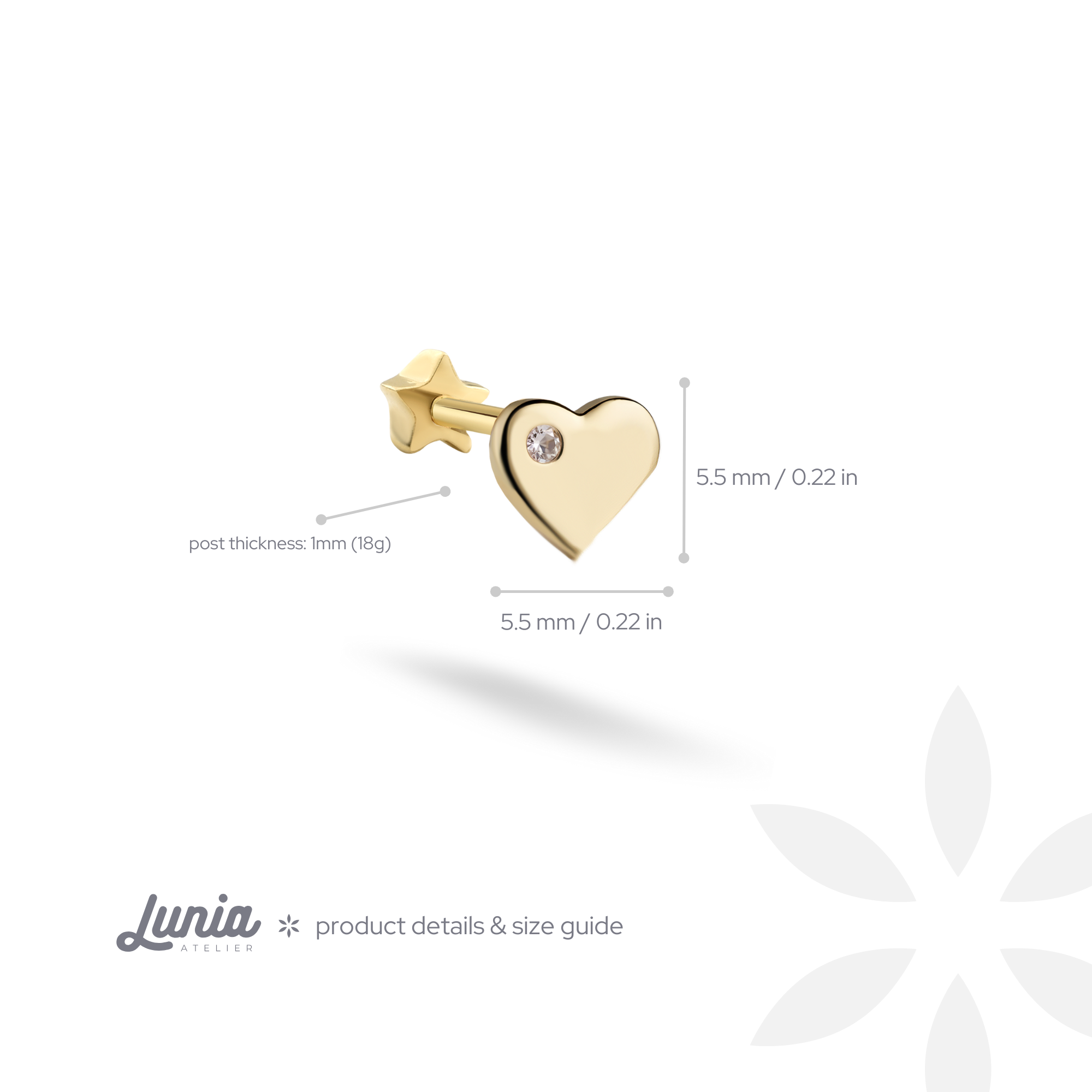Solitaire Heart Love Flatback Ear Piercing 14K Gold with CZ Stone