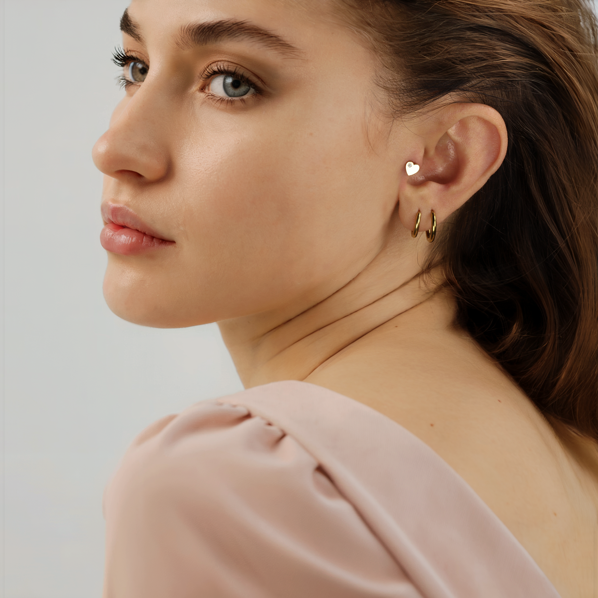 Solitaire Heart Love Flatback Ear Piercing 14K Gold with CZ Stone