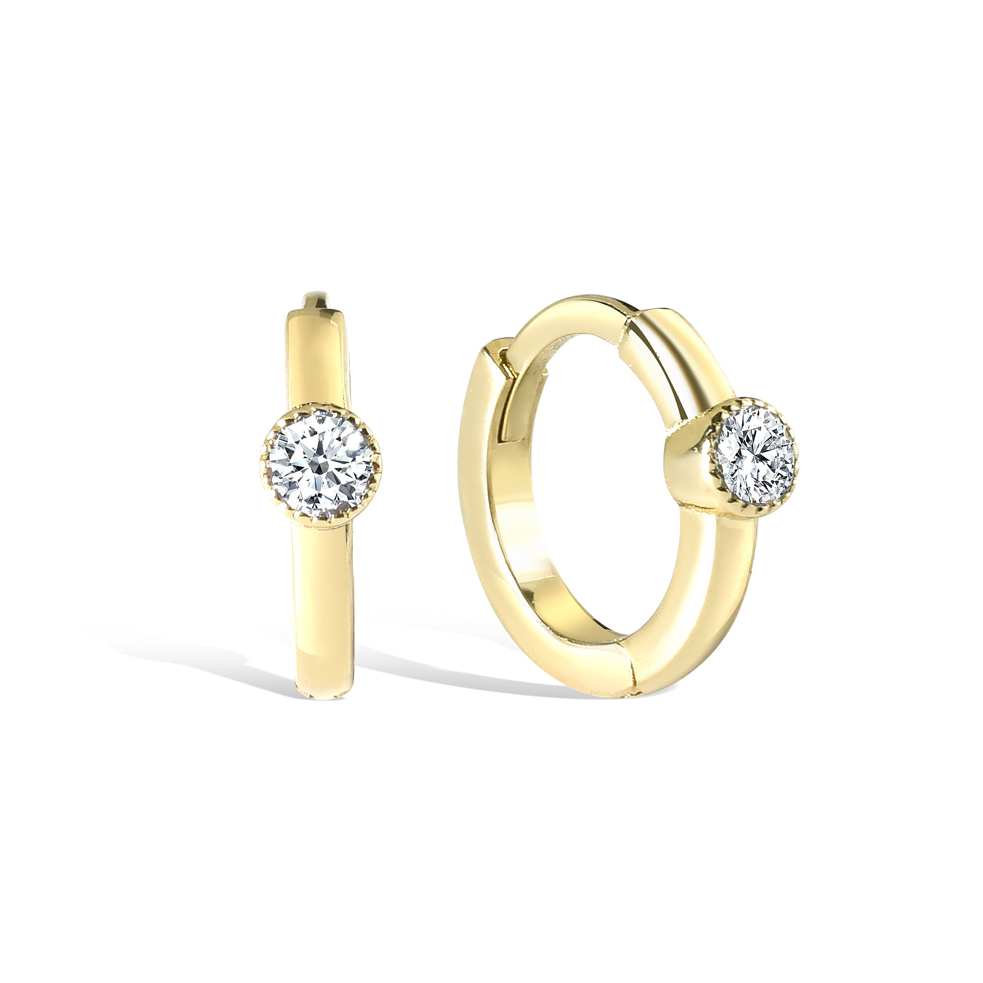 Solitaire Huggie Diamond Hoops Earrings 14K Gold