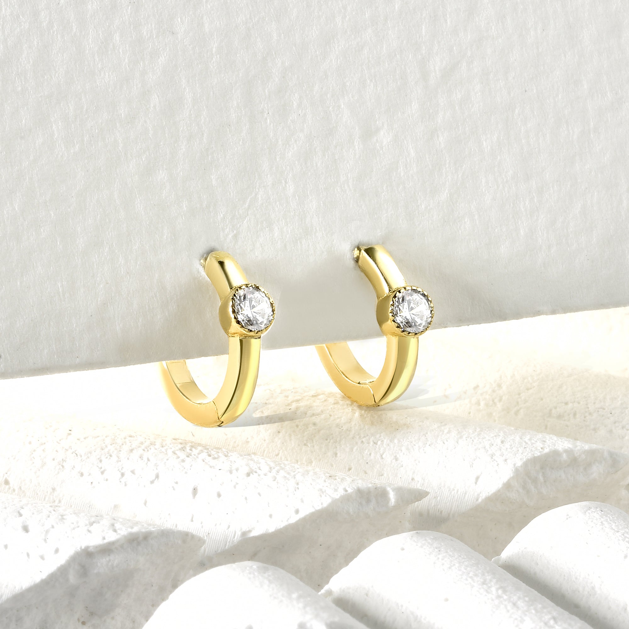 Solitaire Huggie Diamond Hoops Earrings 14K Gold